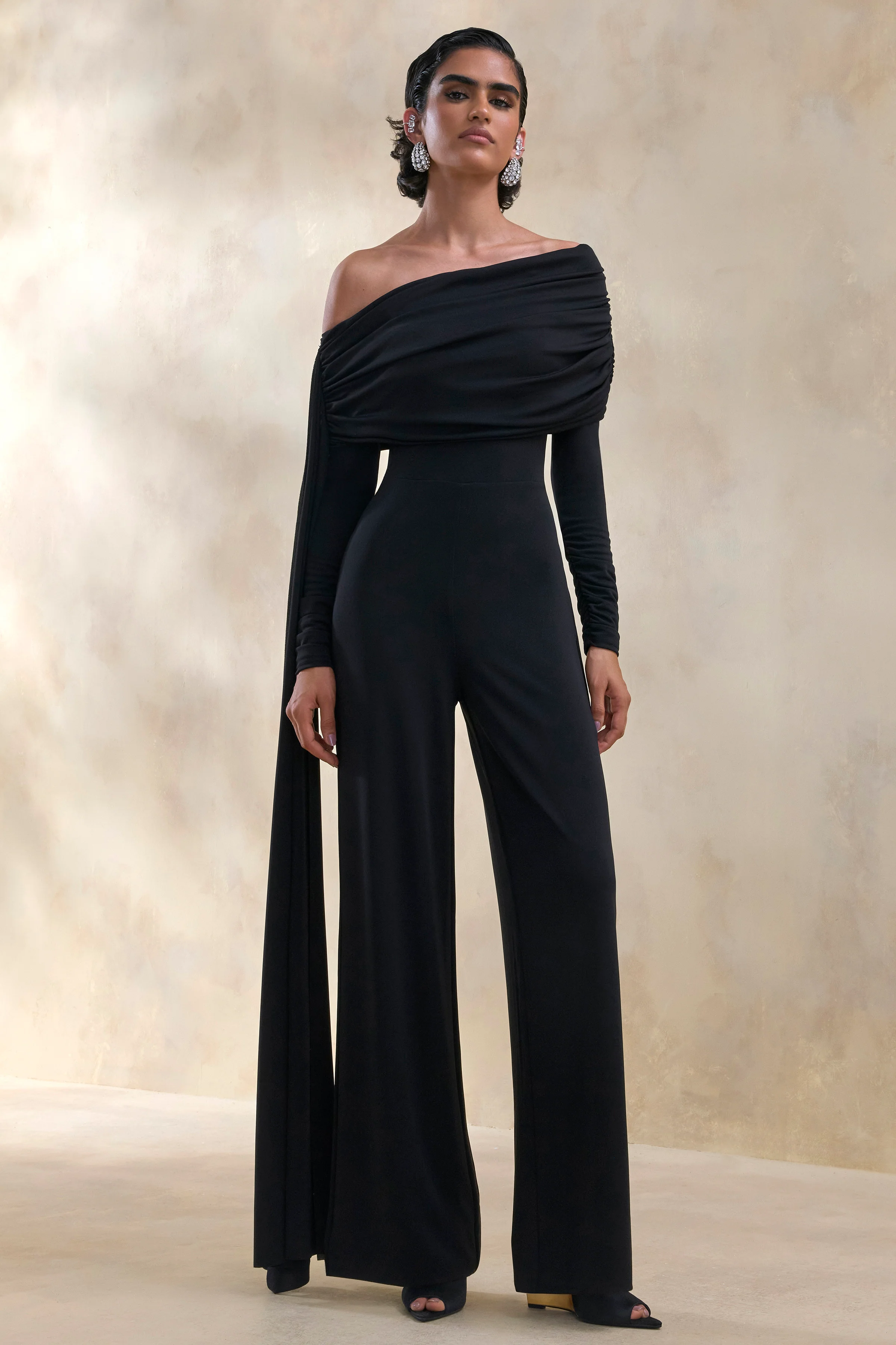 Elova | Black Bardot-Neck Jumpsuit With Sash - Image 4