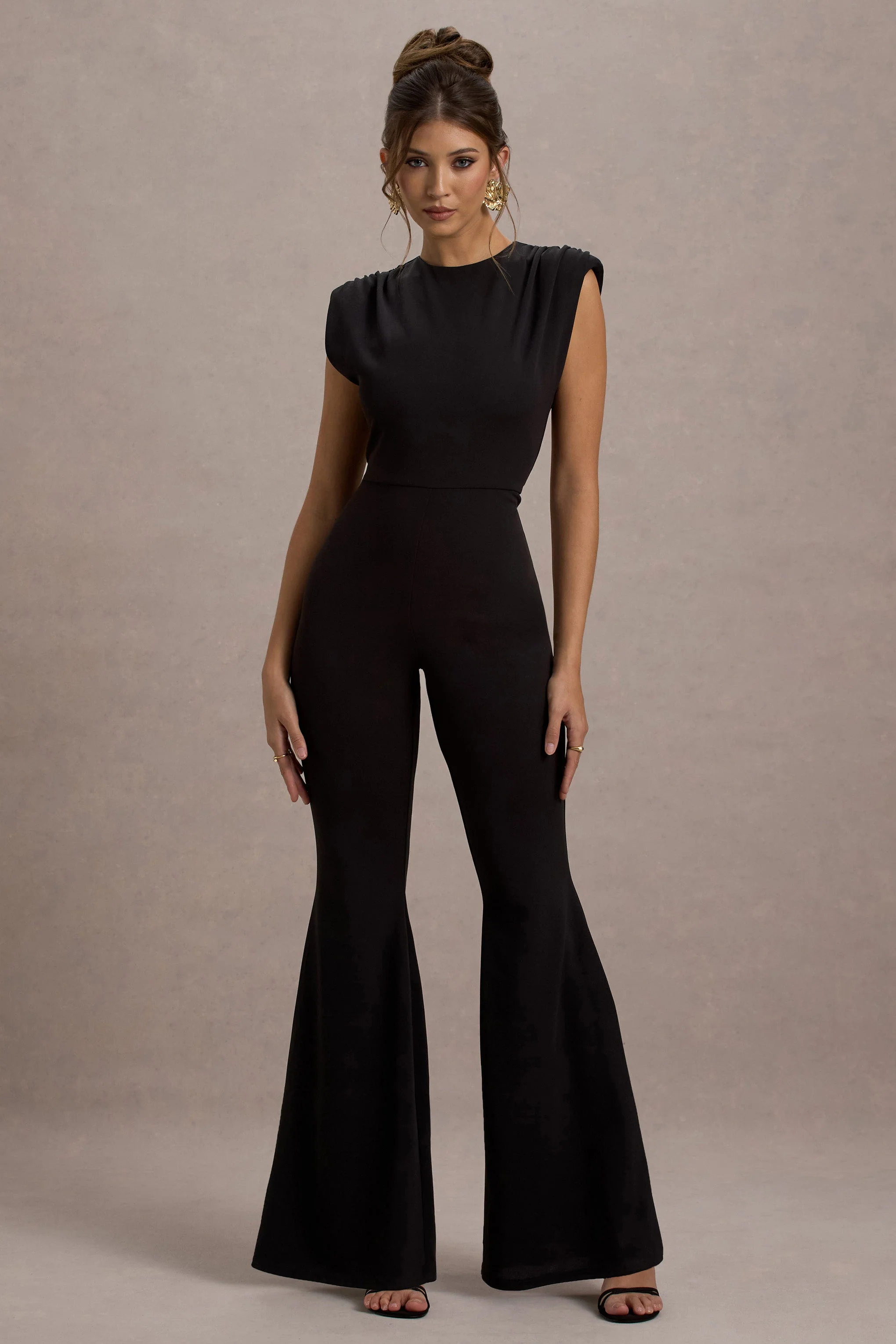 Elyna | Black High-Neck Draped Flared-Leg Jumpsuit - Image 5
