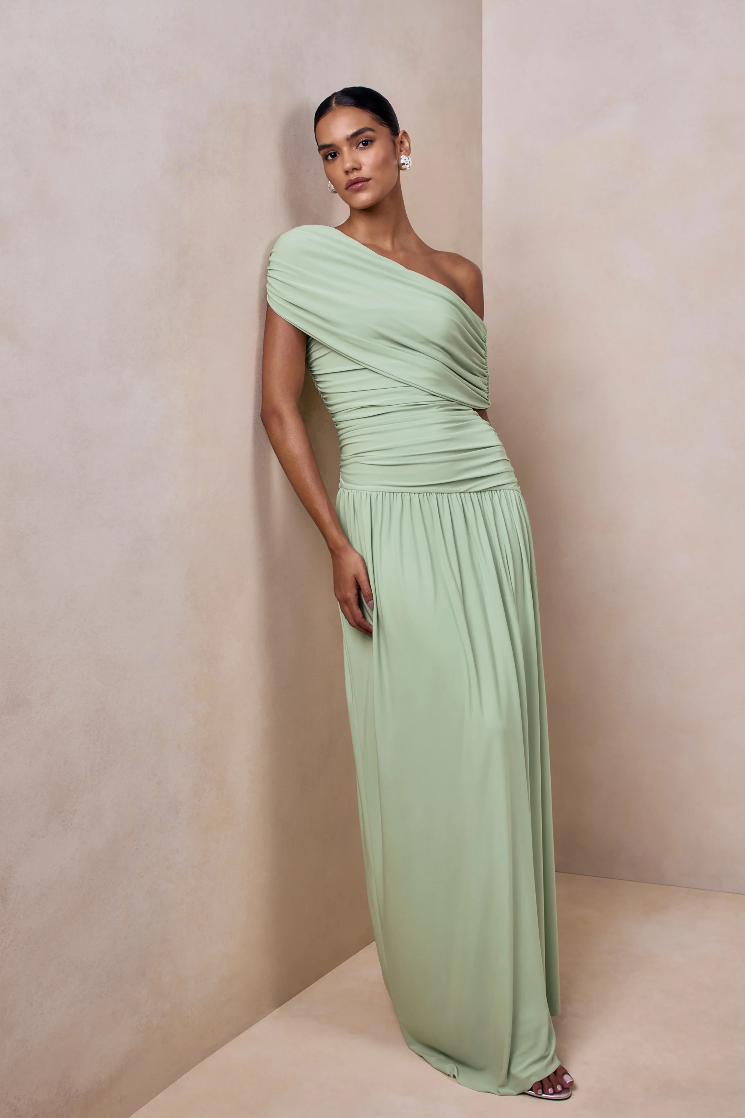 Emberly | Green Draped Asymmetric-Neck Maxi Dress With Drop-Waist - Image 4