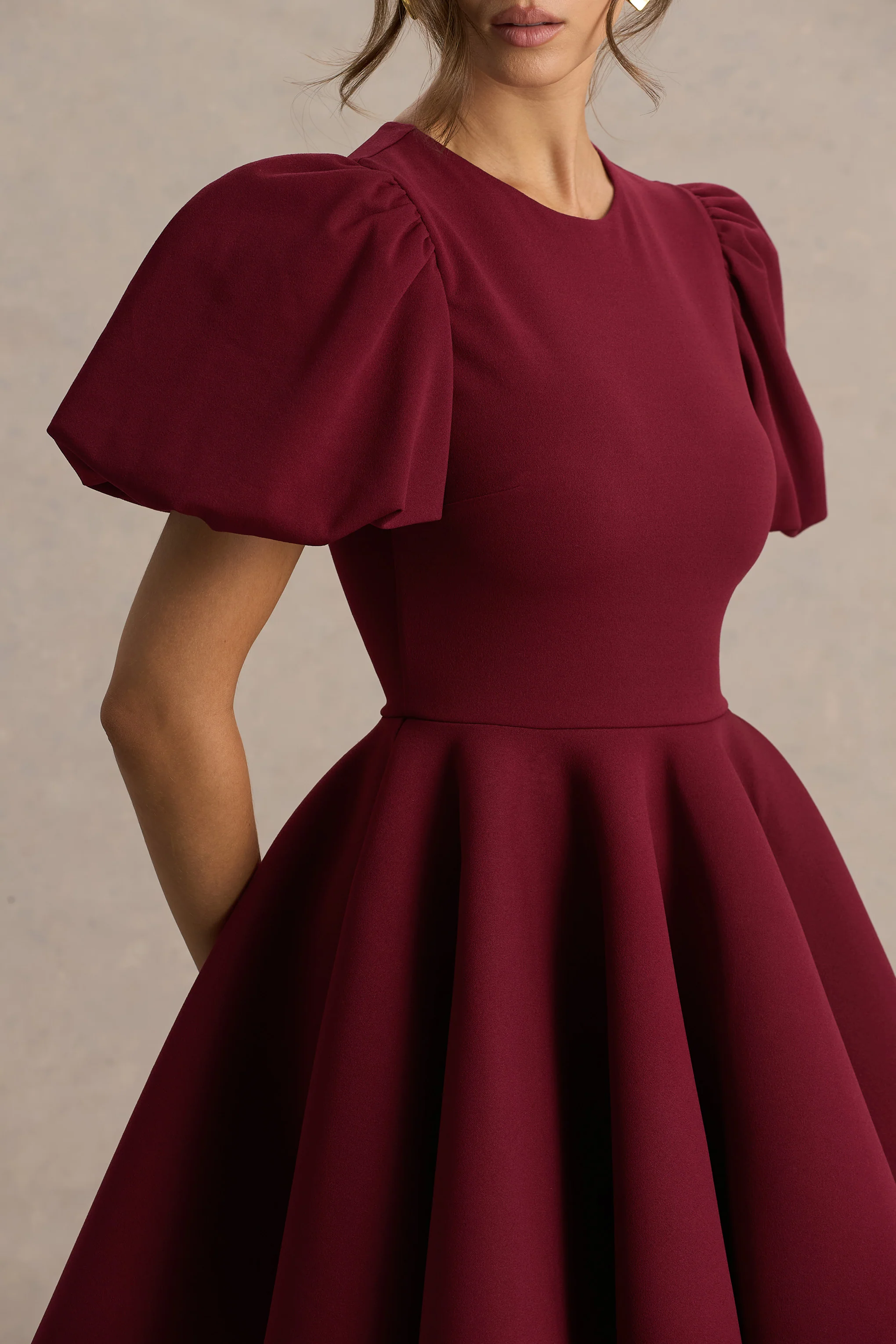 Emelia | Burgundy Puff-Sleeve Skater Mini Dress - Image 4