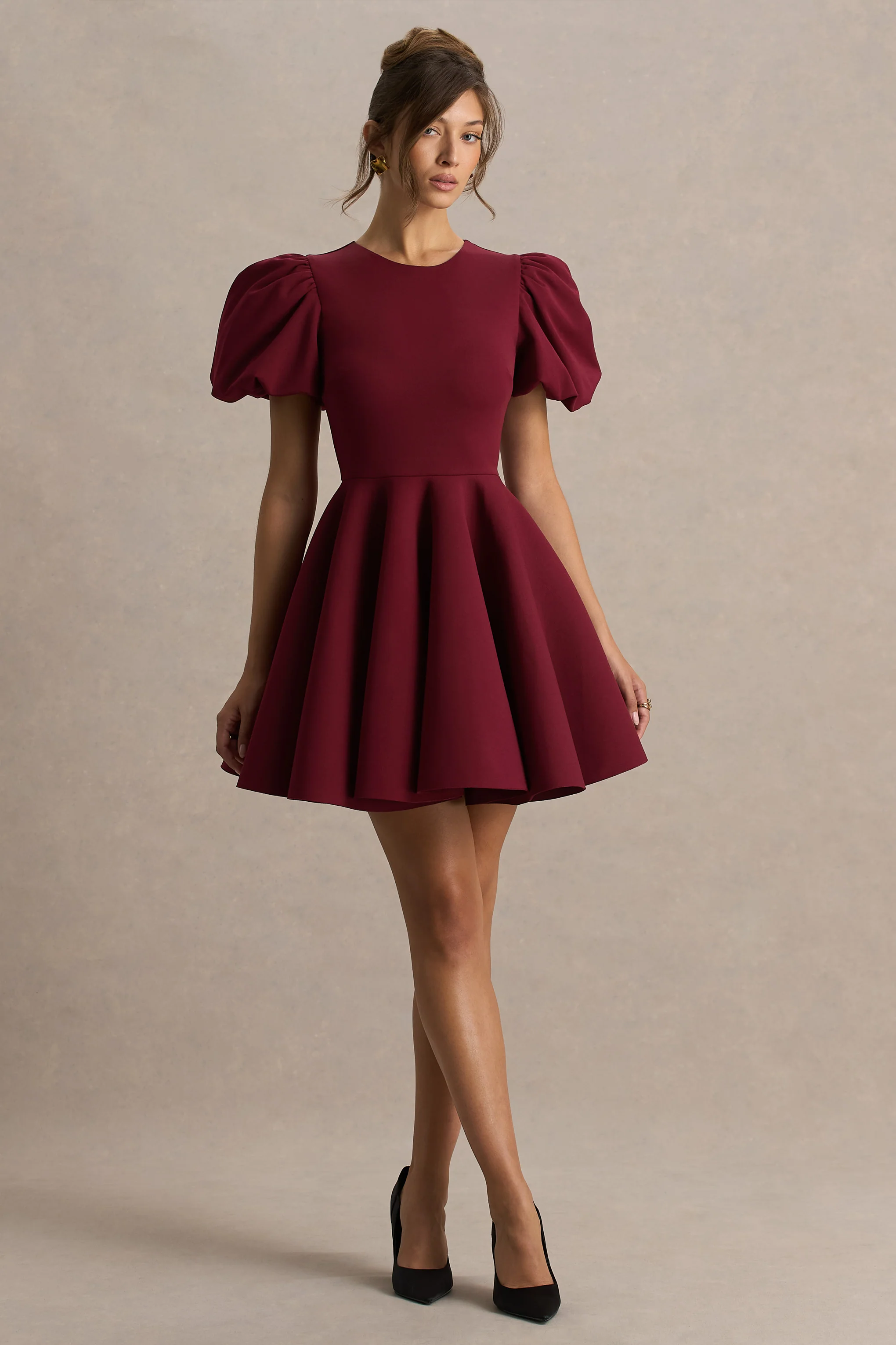 Emelia | Burgundy Puff-Sleeve Skater Mini Dress - Image 5
