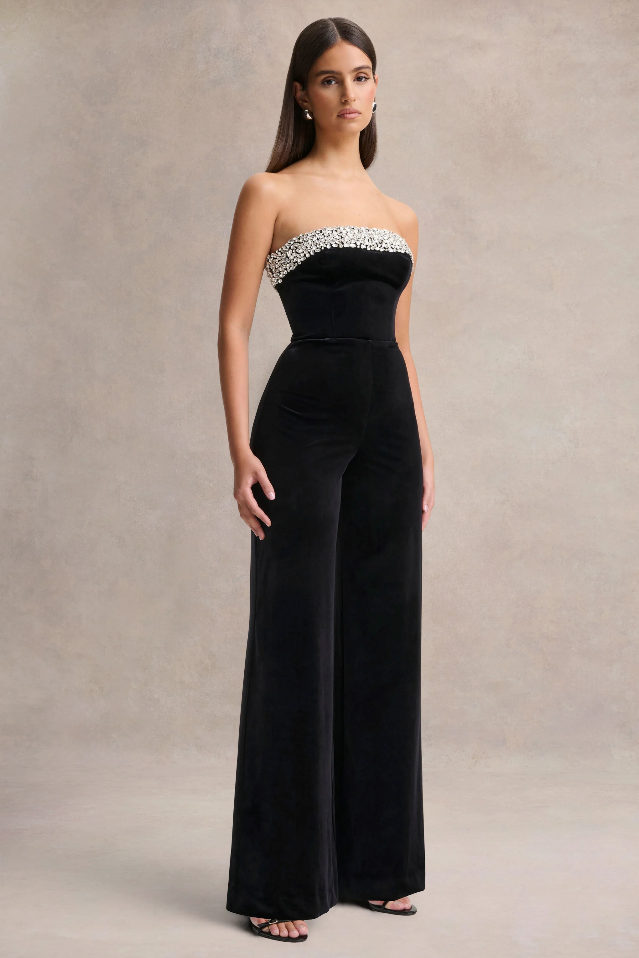 Emelie | Black Velvet Hand-Embellished Bandeau Jumpsuit - Image 4