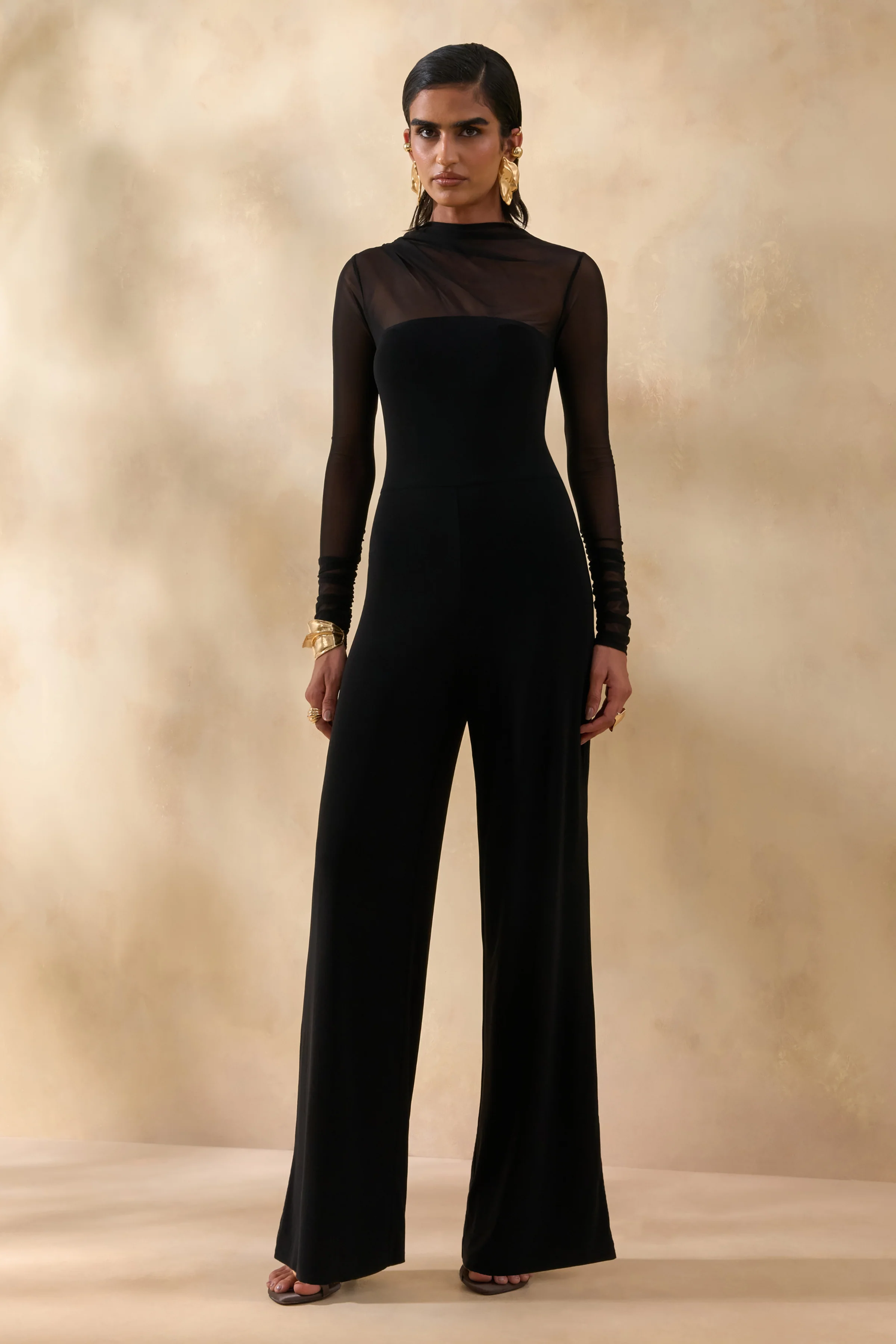 Emeria | Black High-Neck Jumpsuit With Long Mesh-Sleeves - Image 4