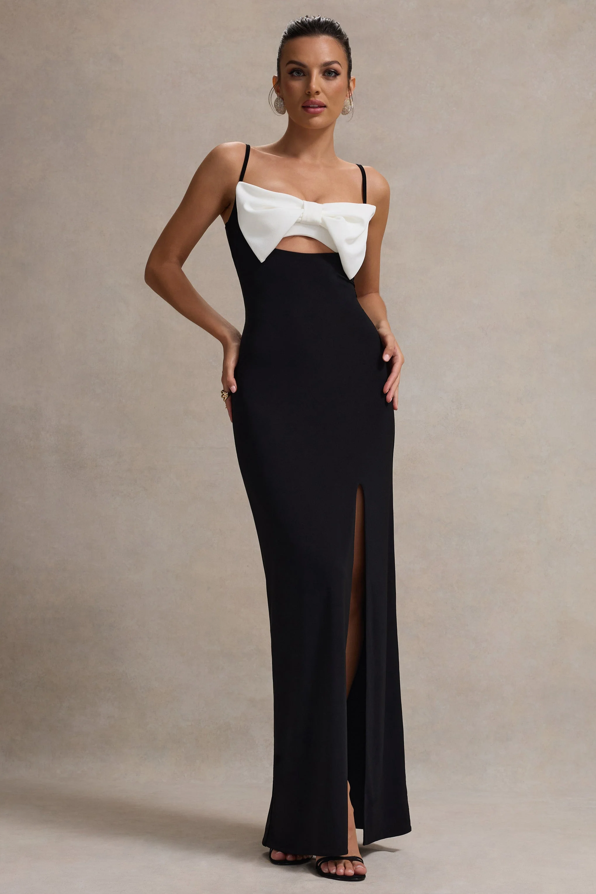 Emmalou | Black & White Strappy Split Maxi Dress With Bow - Image 5