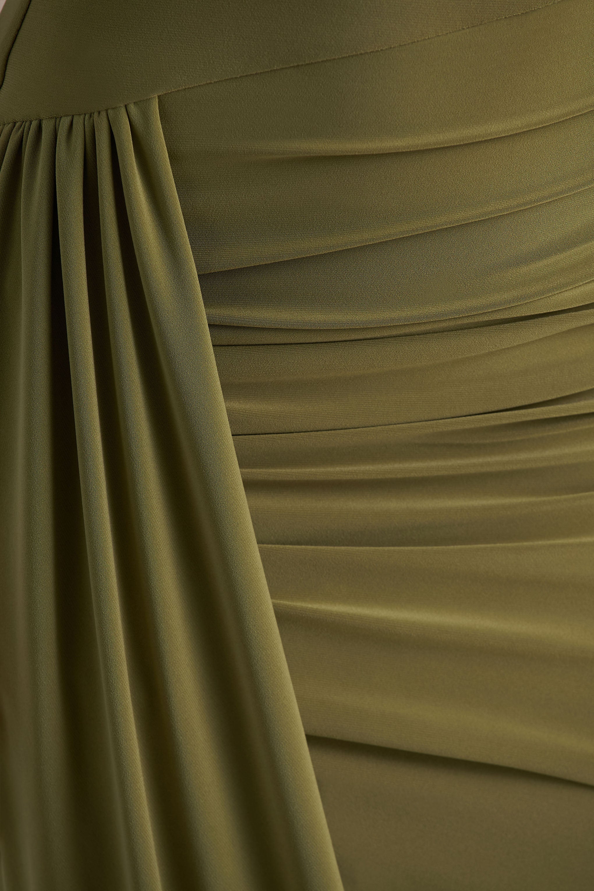 Enchant | Olive Asymmetric Twisted Cape Midi Dress - Image 5