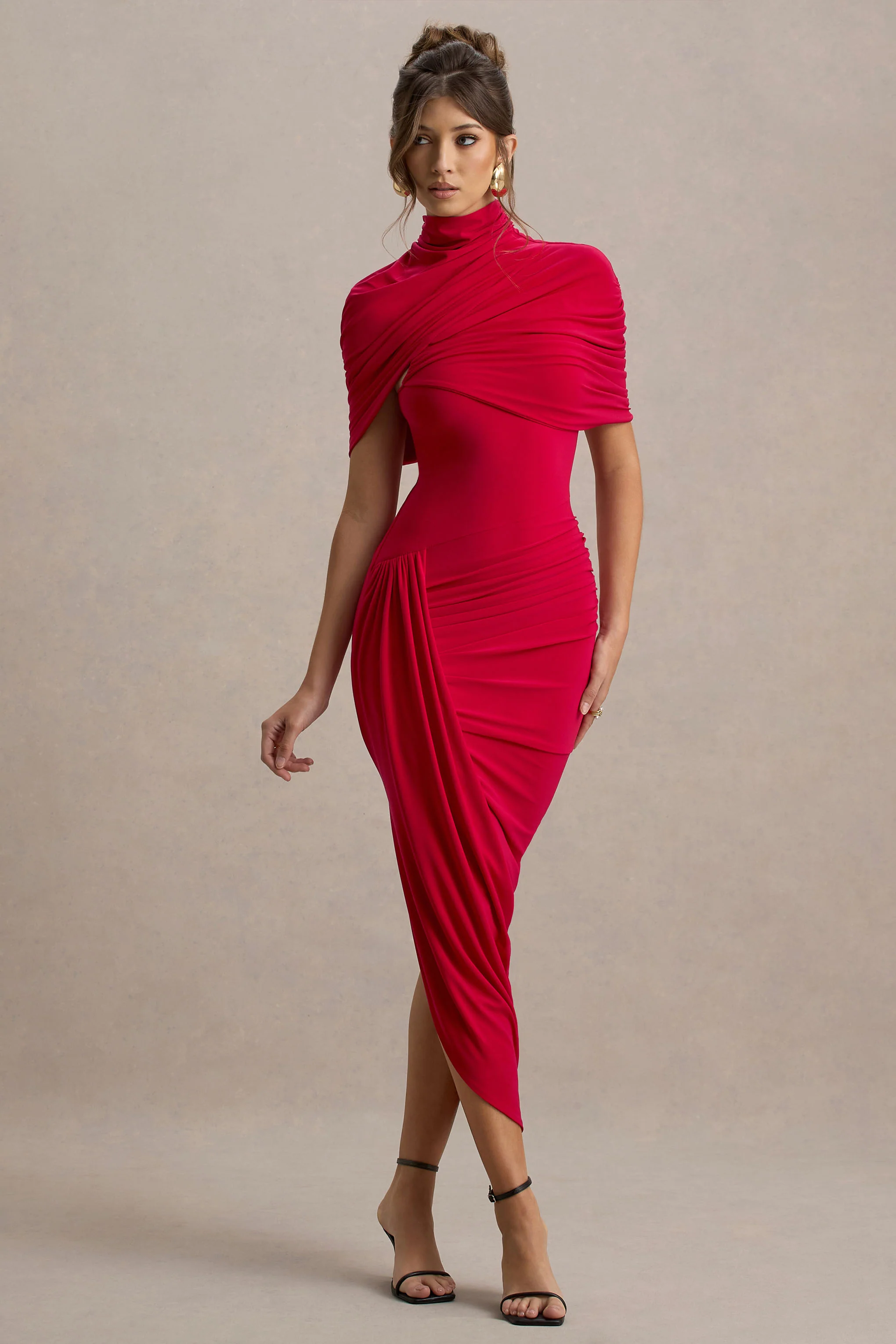 Enchant | Red Asymmetric Twisted Cape Midi Dress - Image 4