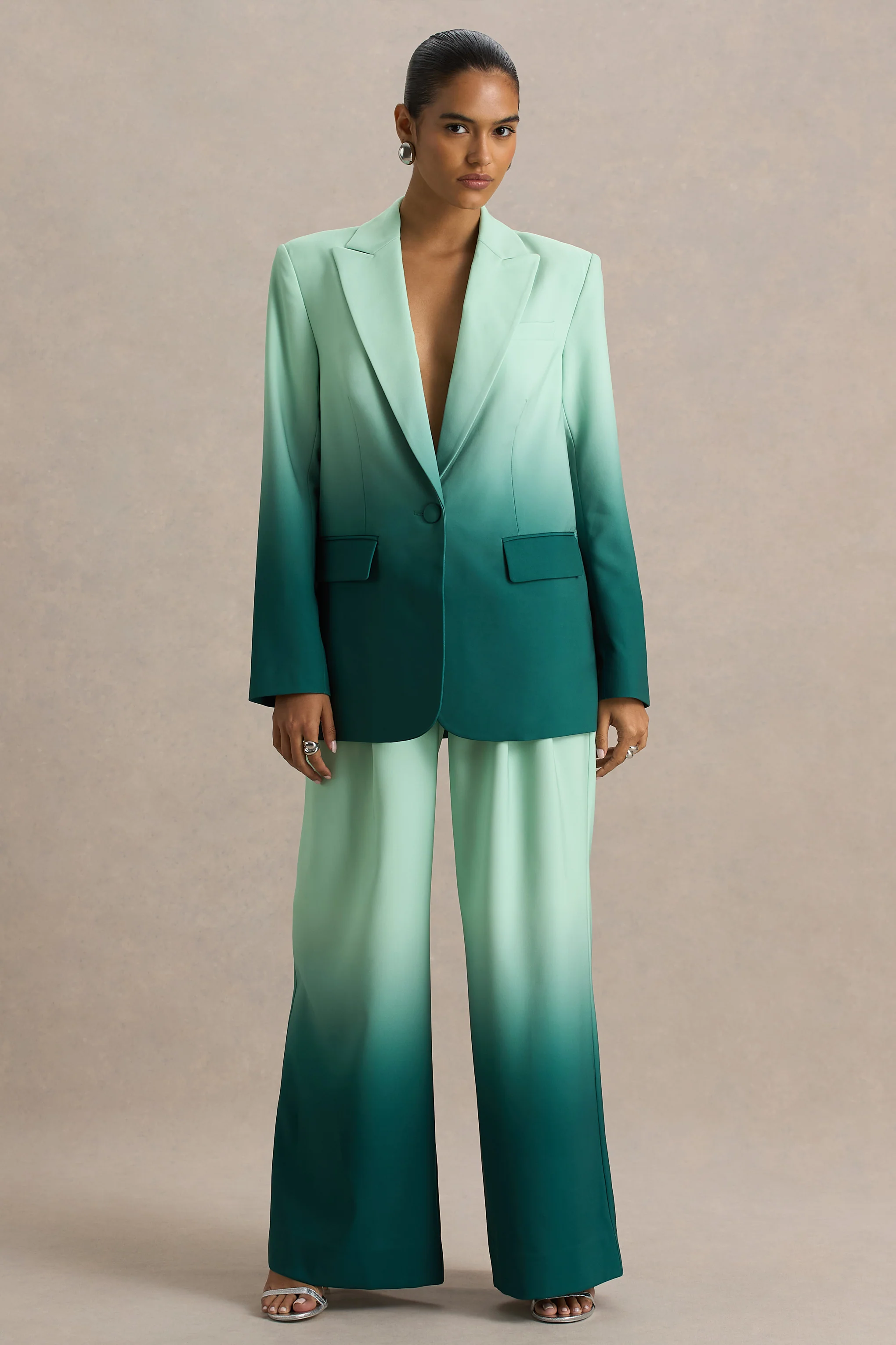 Enya | Emerald Ombre Plunge-Neck Satin Blazer - Image 5
