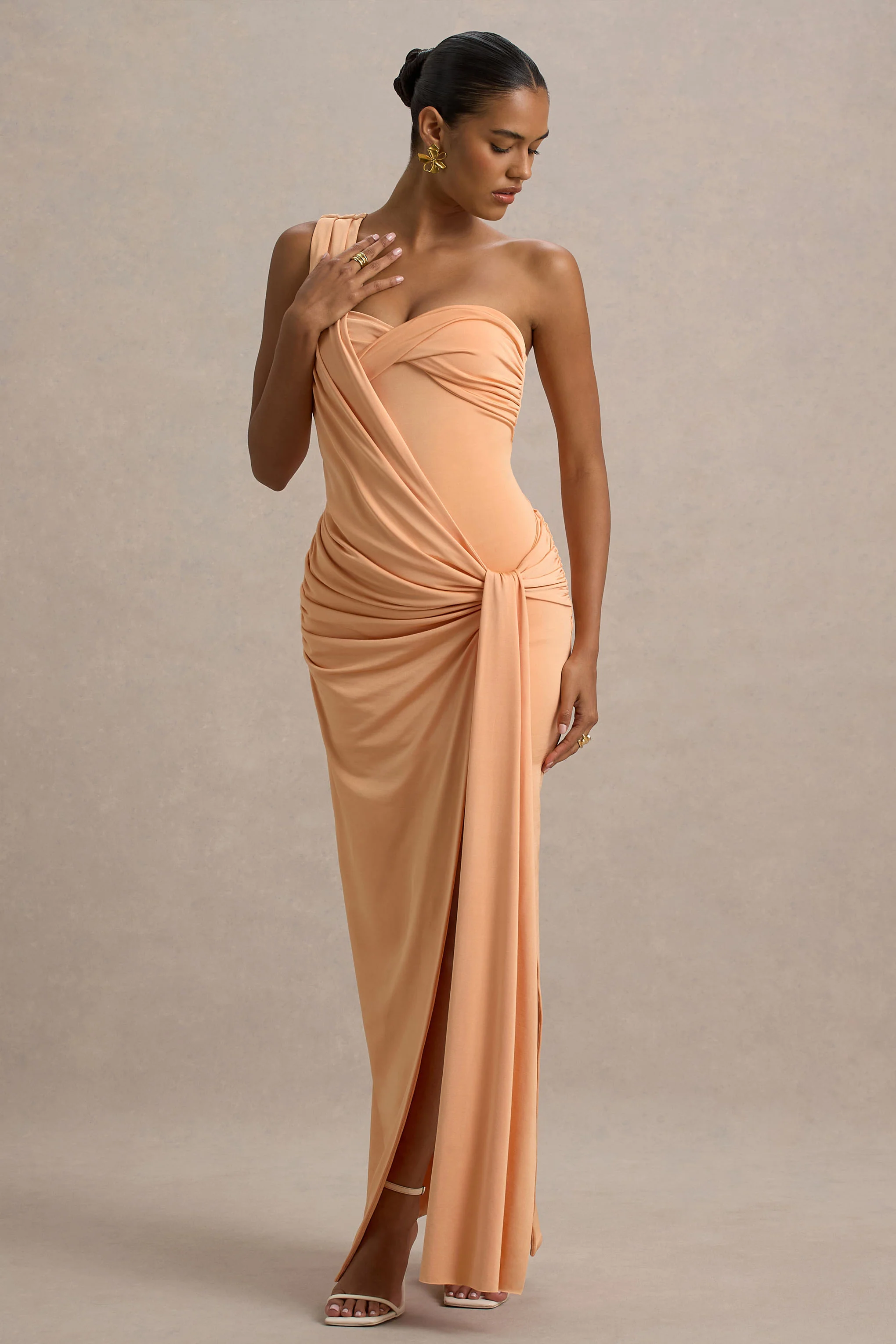 Erminia | Peach One-Shoulder Twist Wrap Maxi Dress - Image 4