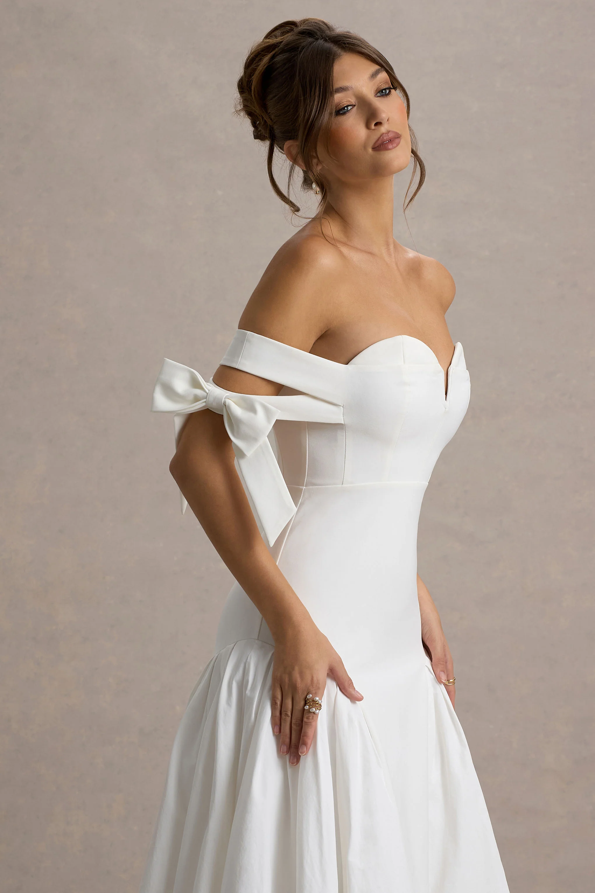 Ethel | White & Cream Bardot Maxi Dress With Volume Skirt - Image 3