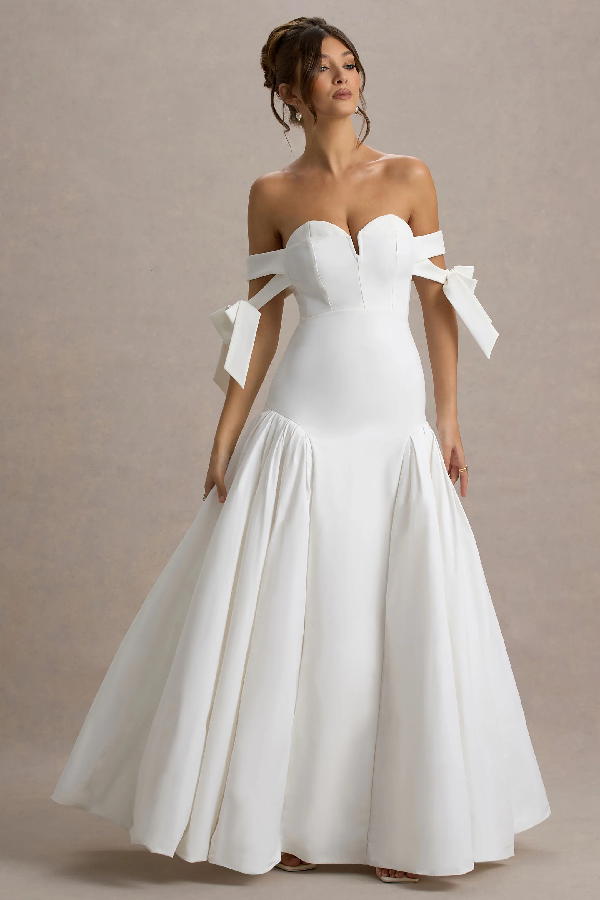 Ethel | White & Cream Bardot Maxi Dress With Volume Skirt - Image 6