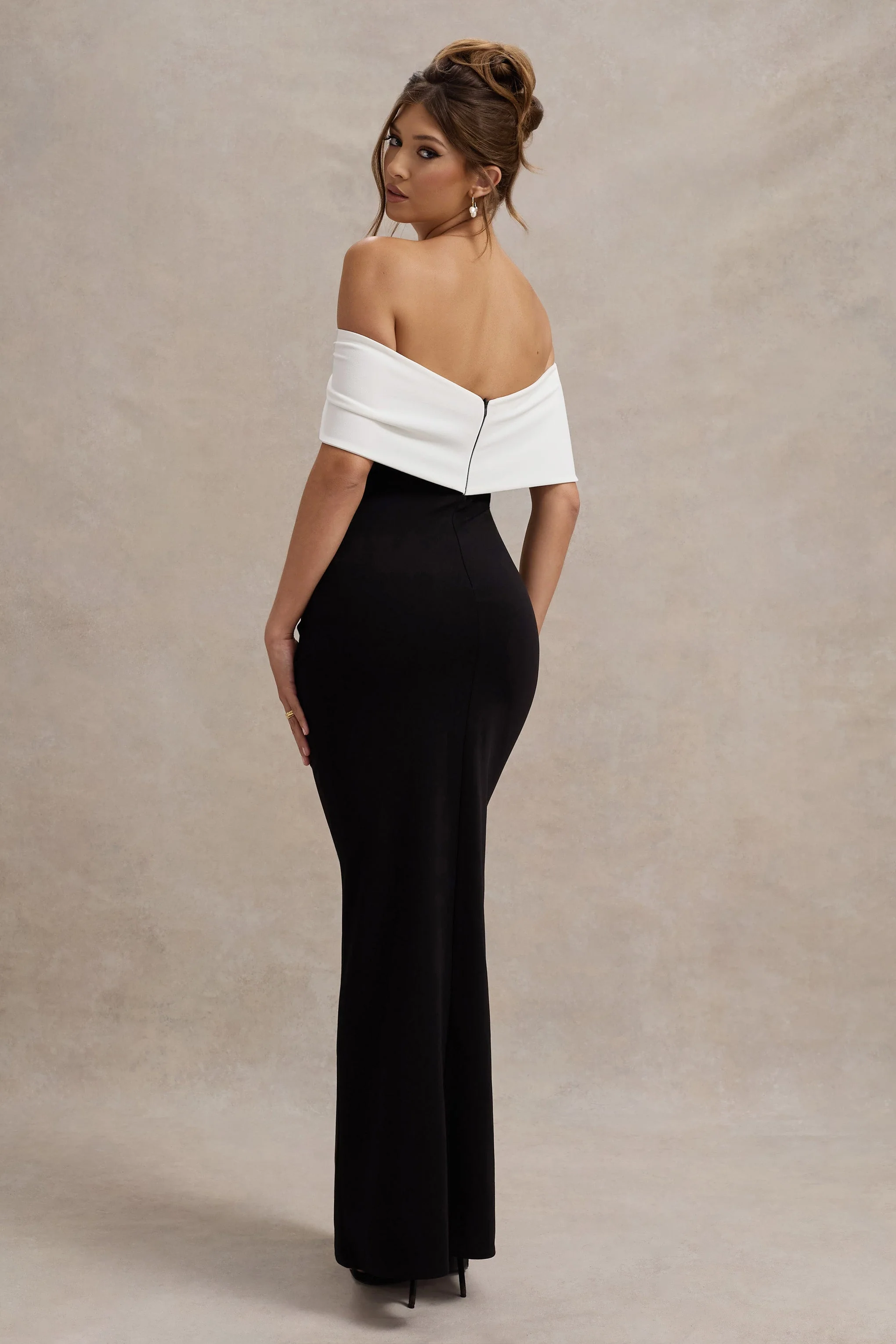 Eva | Black & White Bardot Bow Detail Maxi Dress With Thigh Split - Image 2