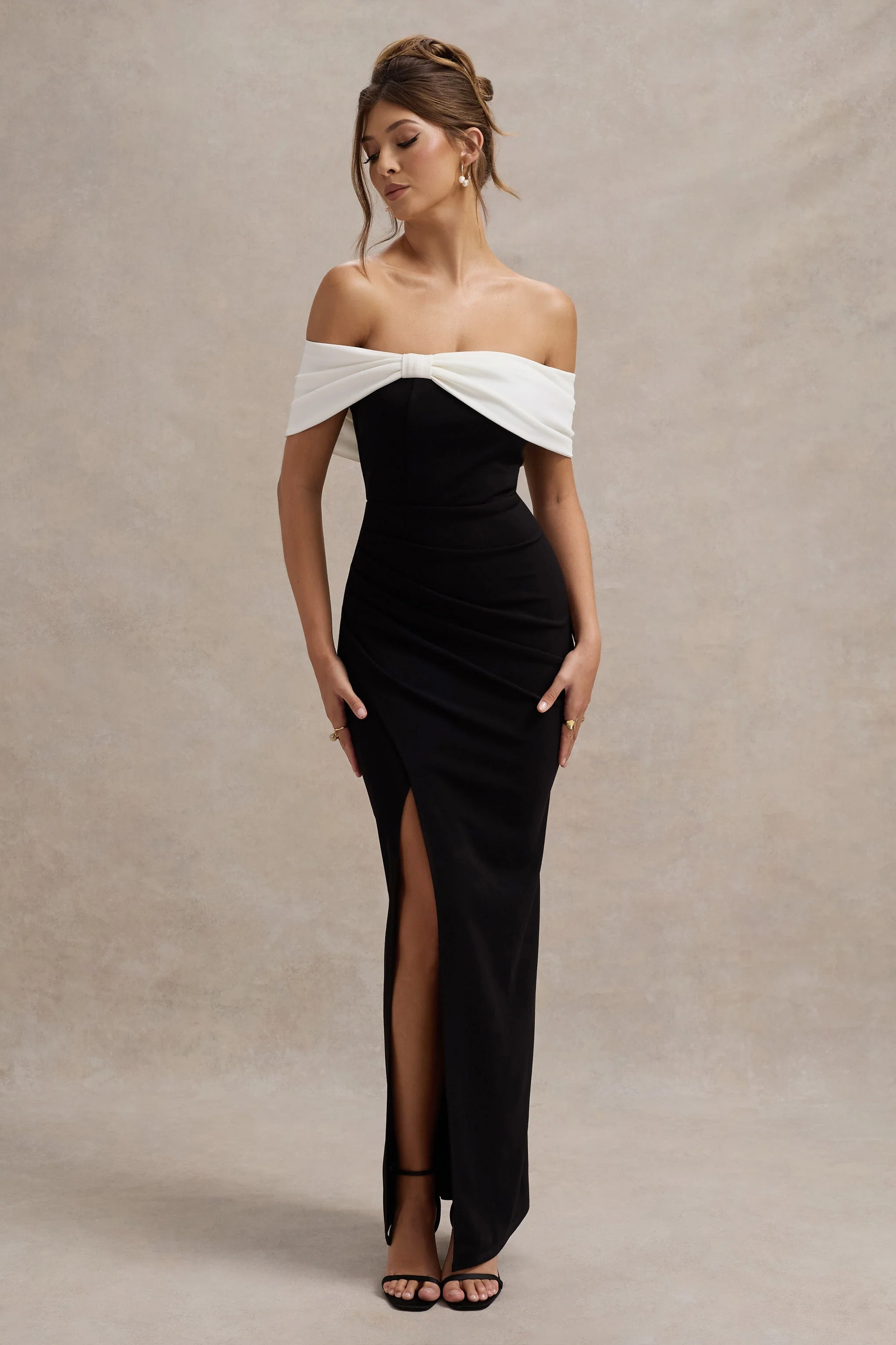 Eva | Black & White Bardot Bow Detail Maxi Dress With Thigh Split - Image 4