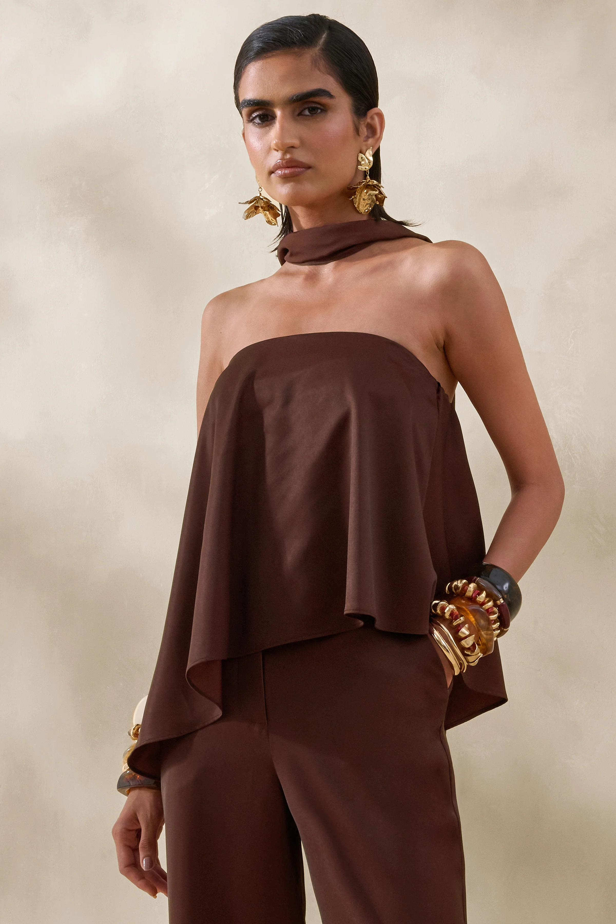 Evandra | Brown Satin Bandeau Top With Scarf - Image 4