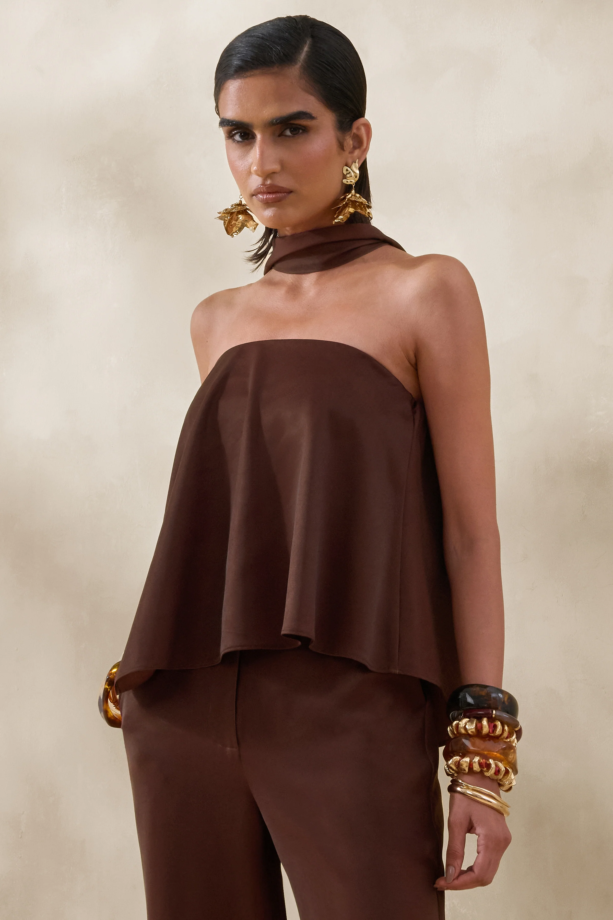Evandra | Brown Satin Bandeau Top With Scarf - Image 5