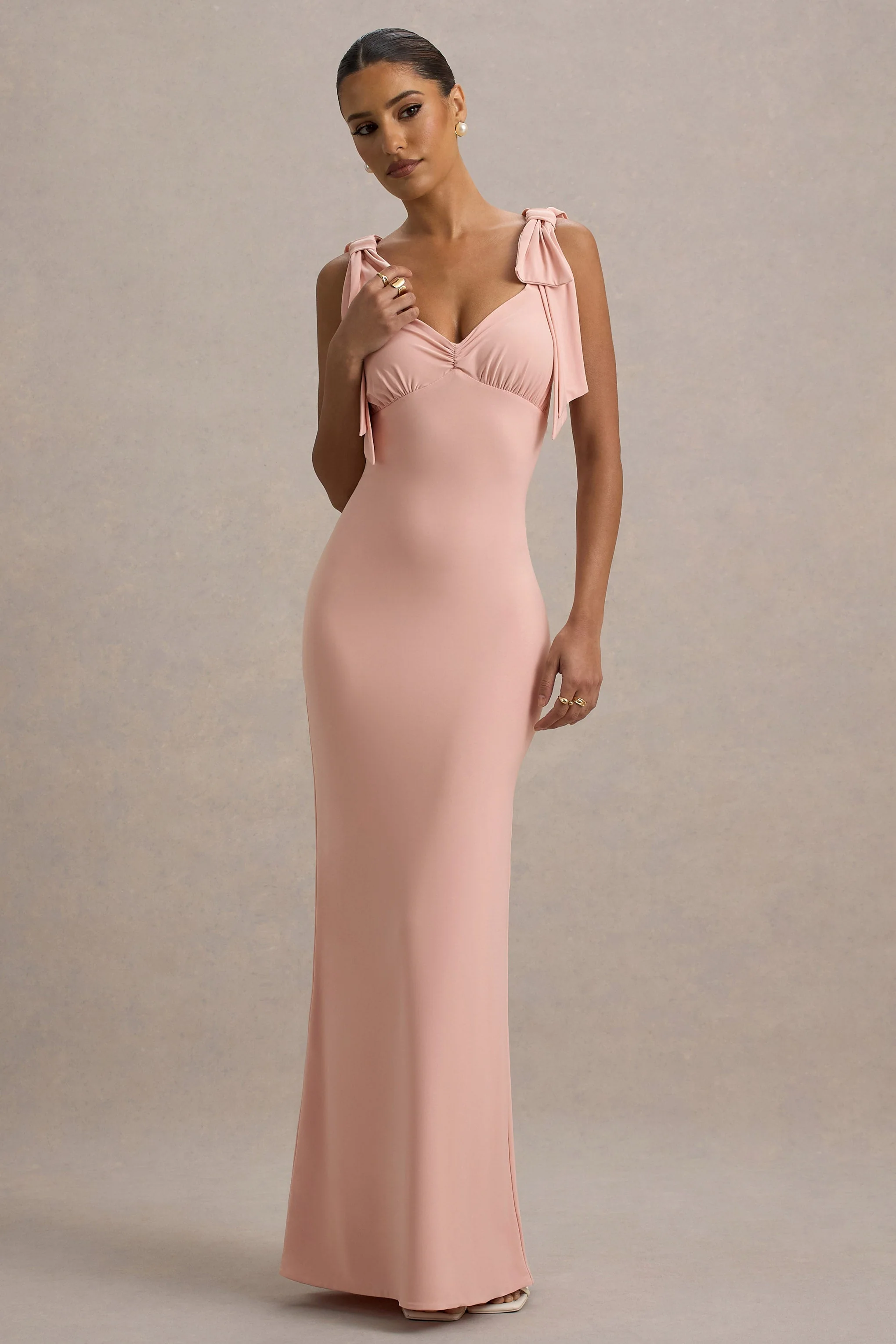 Evanna | Pink V-Neck Maxi Dress With Bow Straps - Image 5
