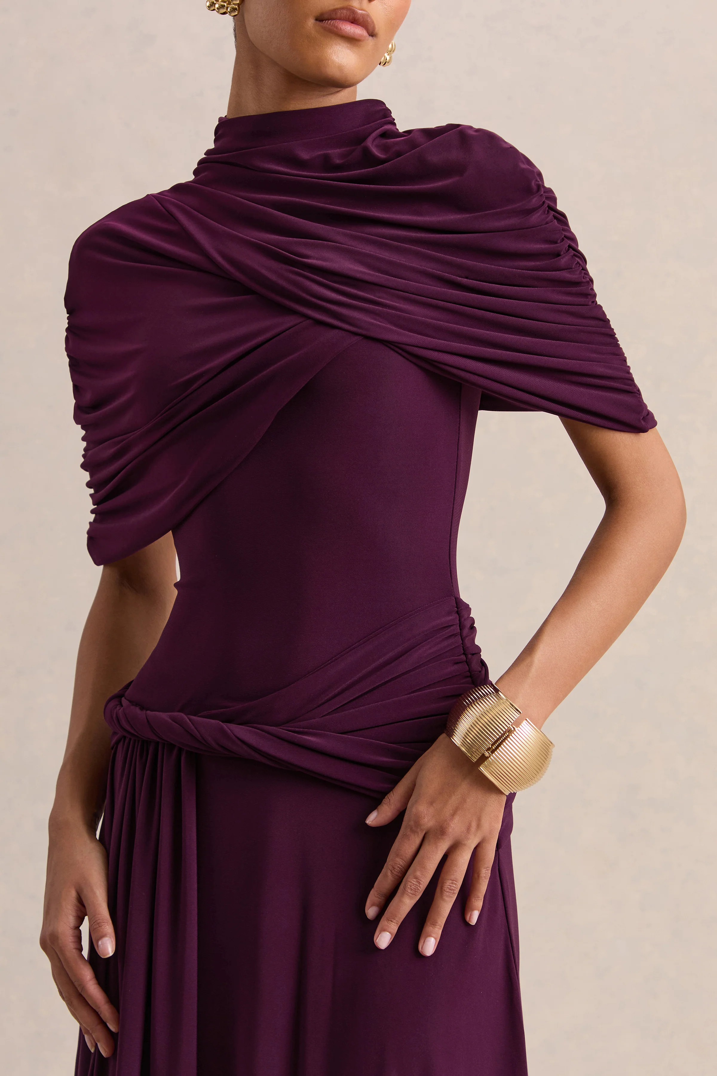Evelisse | Plum High-Neck Maxi Dress With Short-Cape Sleeves - Image 3