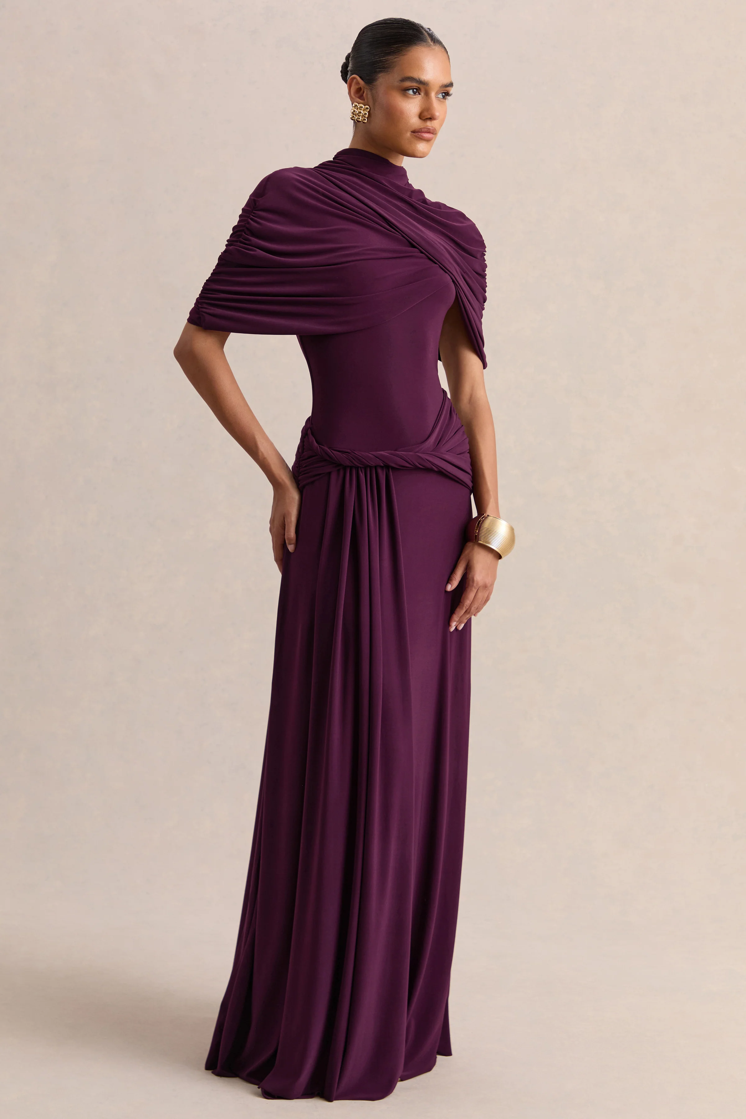 Evelisse | Plum High-Neck Maxi Dress With Short-Cape Sleeves - Image 4