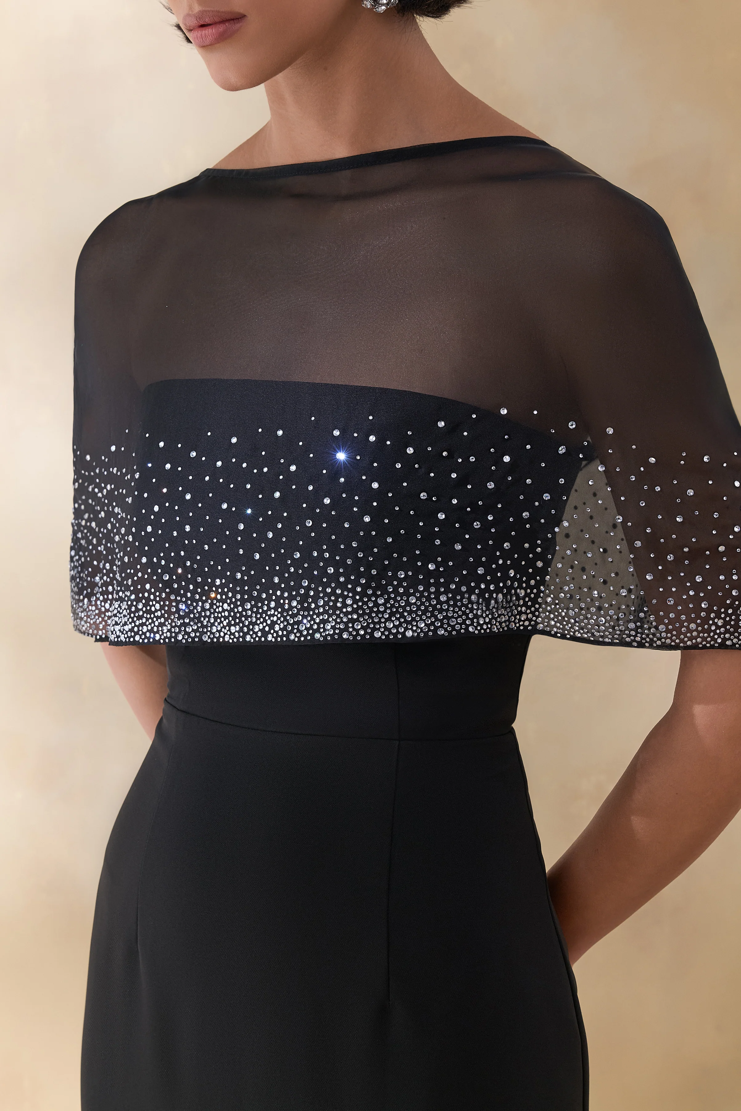 Everly | Black Hand-Embellished Cape-Sleeve Maxi Dress - Image 6