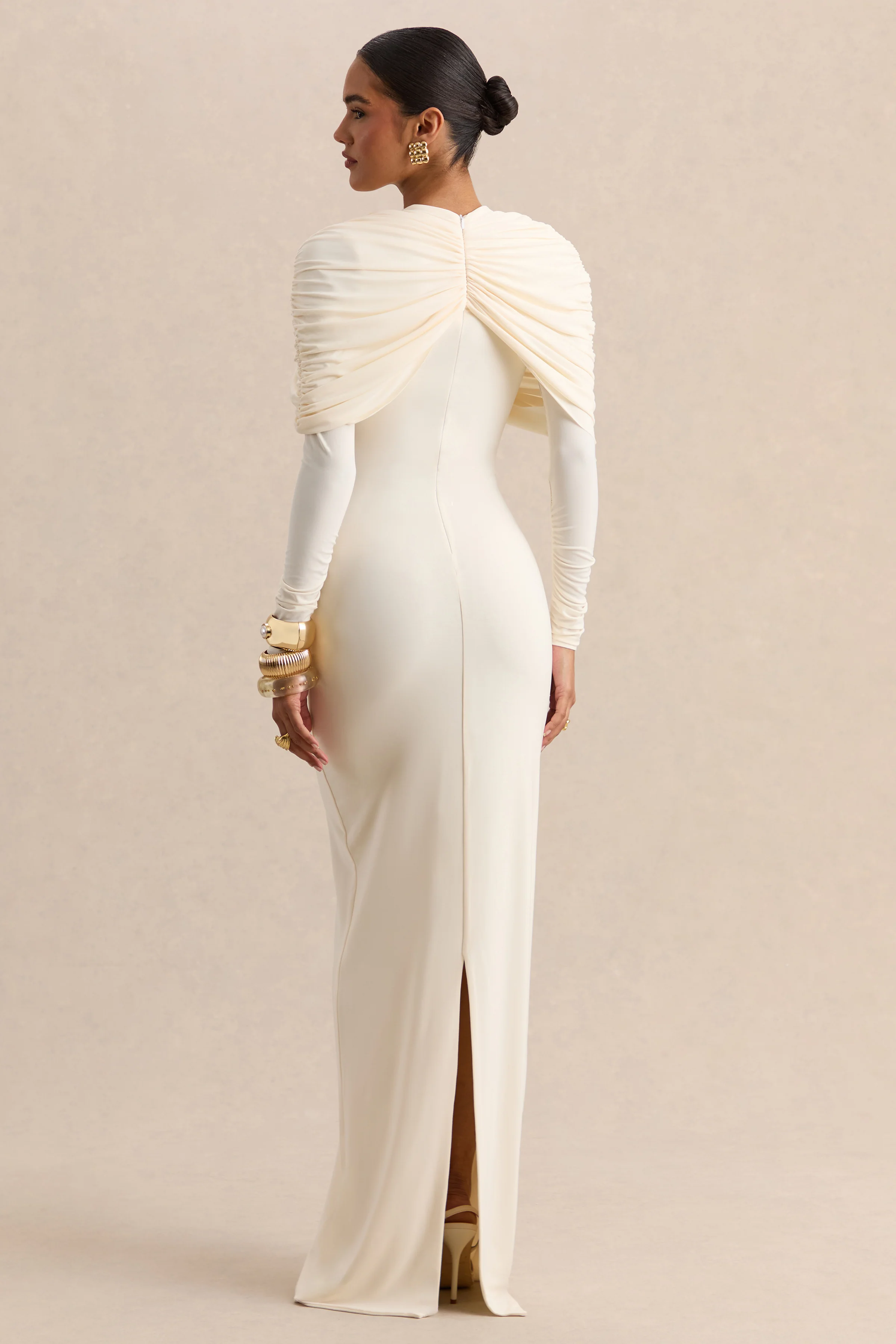 Evessa | Cream Crew-Neck Maxi Dress With Gathered-Detailing - Image 2