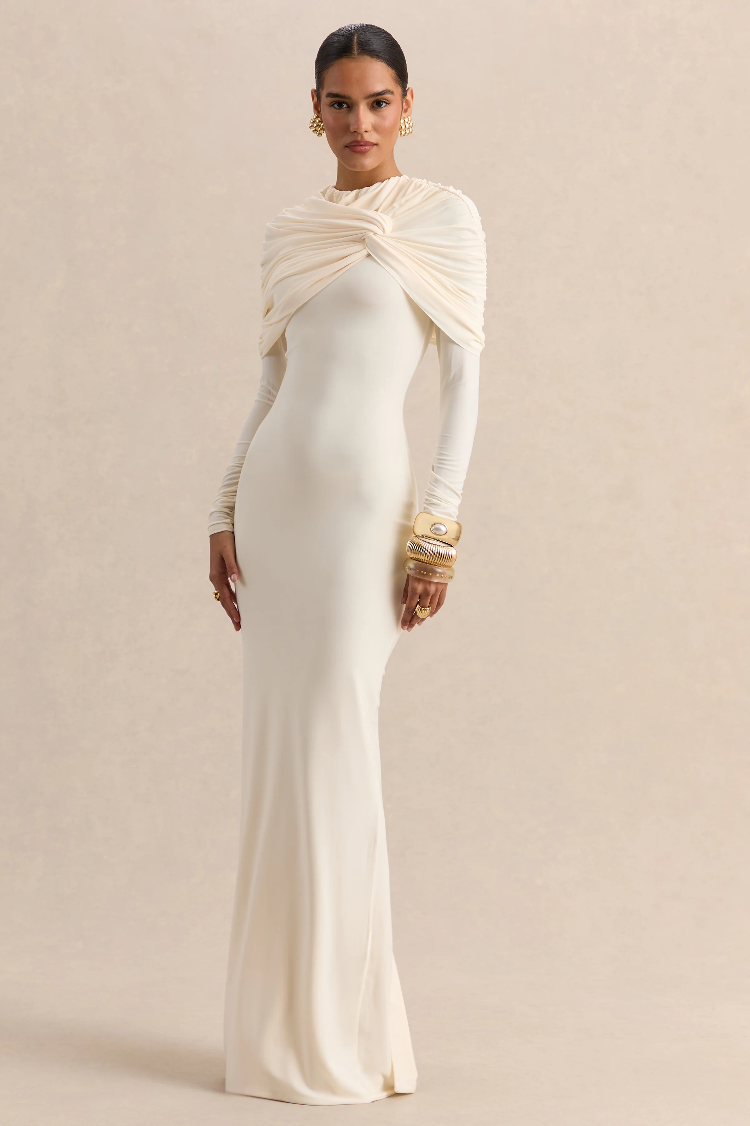 Evessa | Cream Crew-Neck Maxi Dress With Gathered-Detailing - Image 4