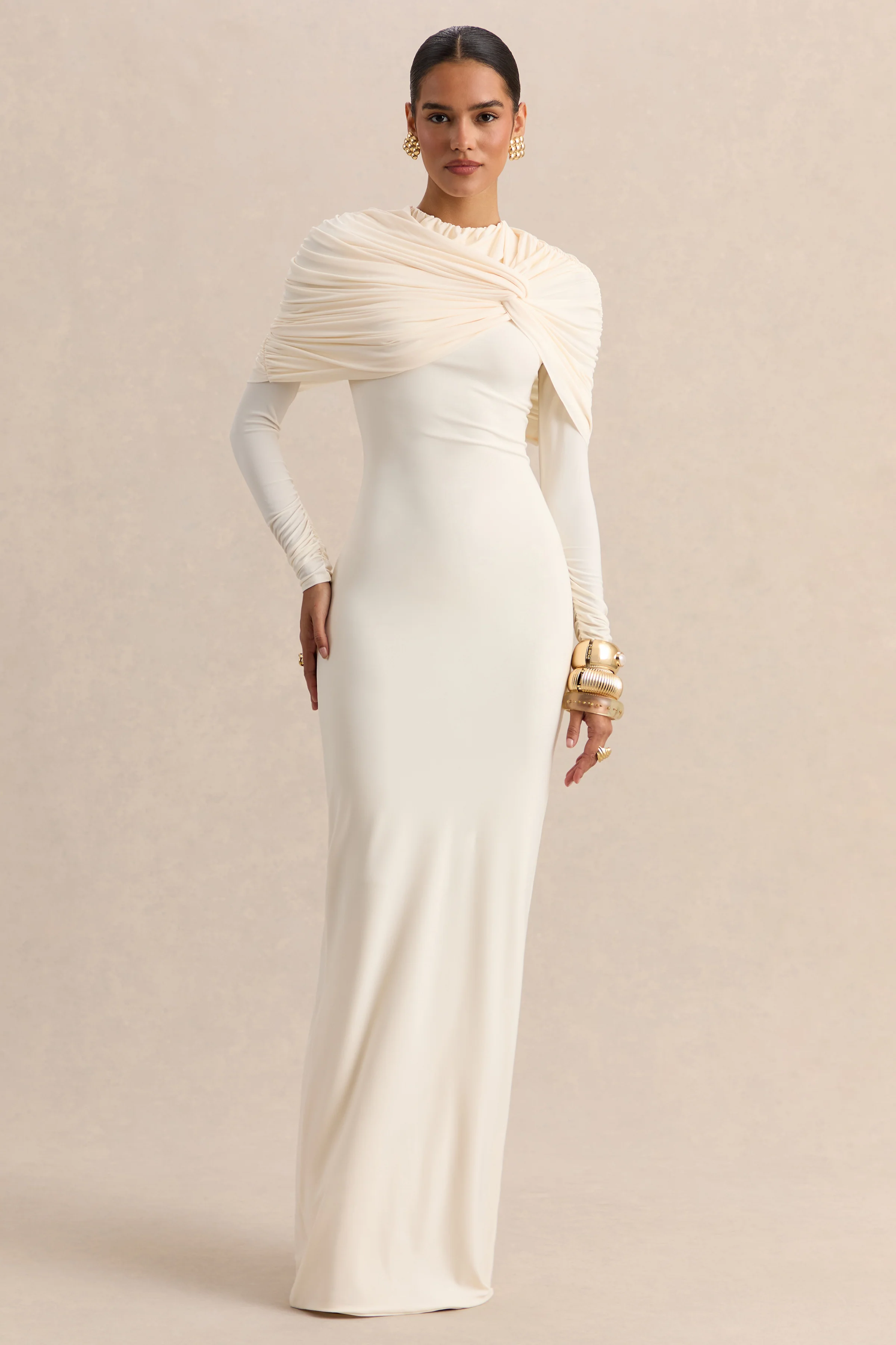 Evessa | Cream Crew-Neck Maxi Dress With Gathered-Detailing - Image 6