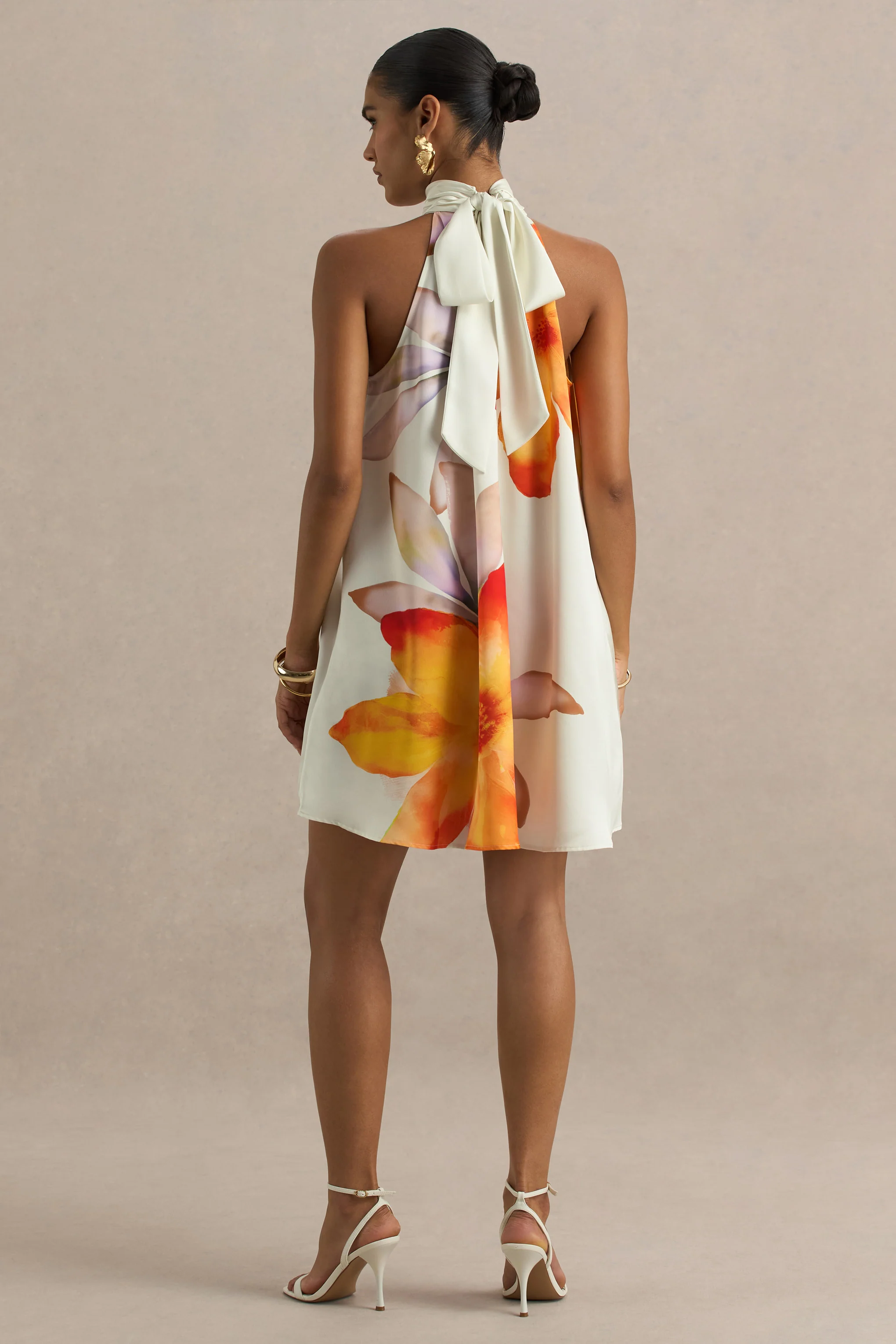 Evita | Orange Floral High-Neck Satin Mini Dress - Image 2