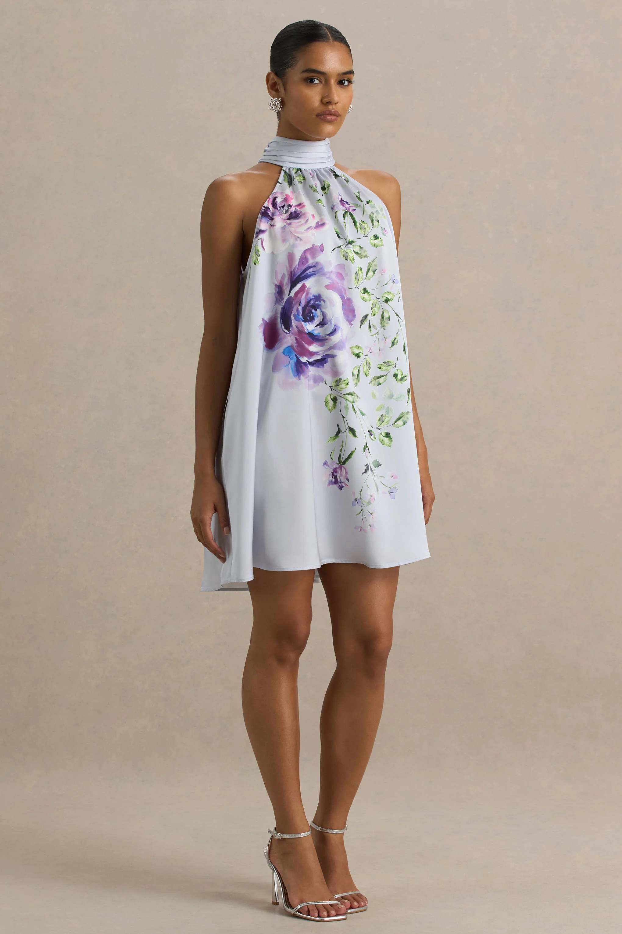 Evita | Powder Blue Rose Print High-Neck A-Line Mini Dress With Bow - Image 3