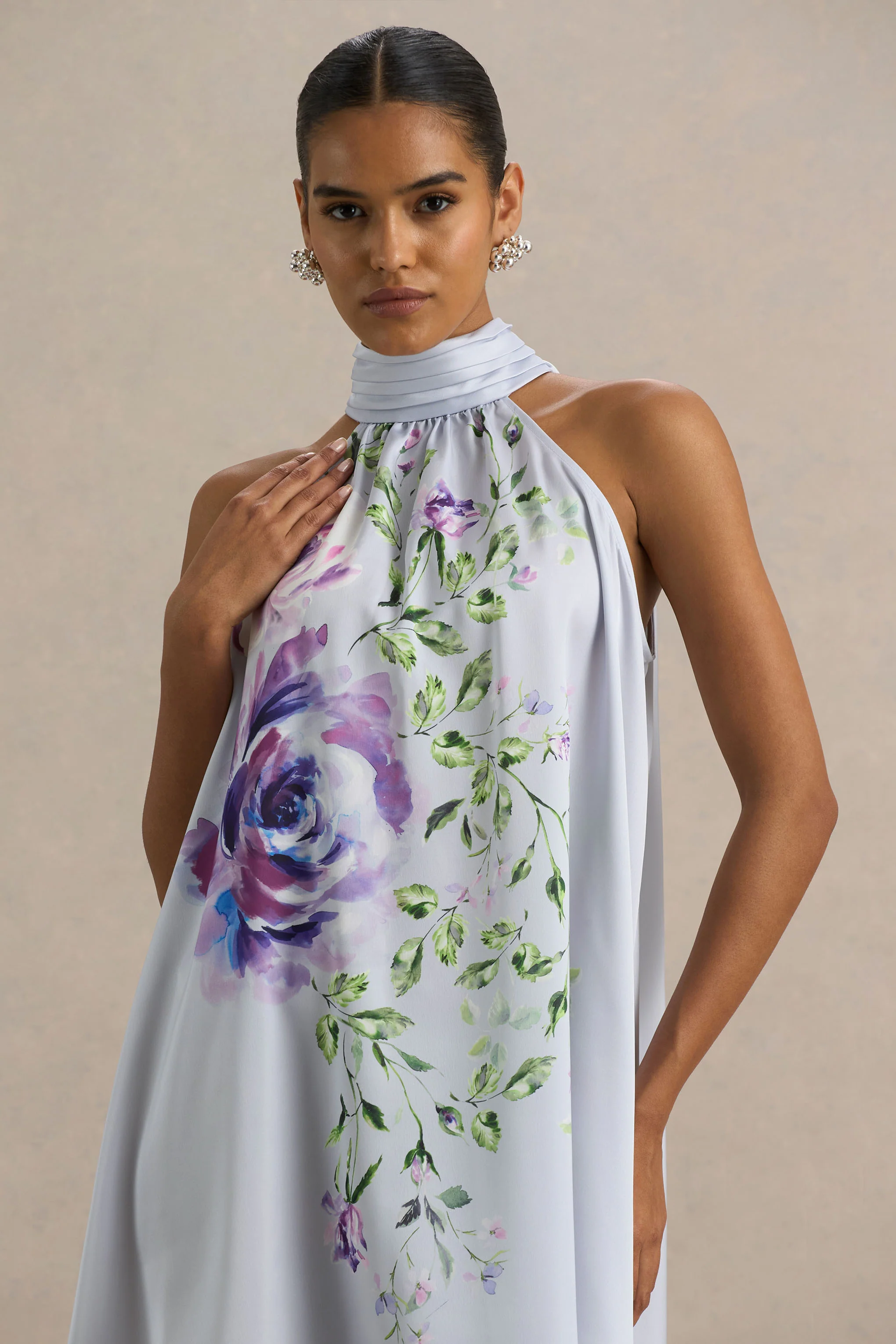 Evita | Powder Blue Rose Print High-Neck A-Line Mini Dress With Bow - Image 4