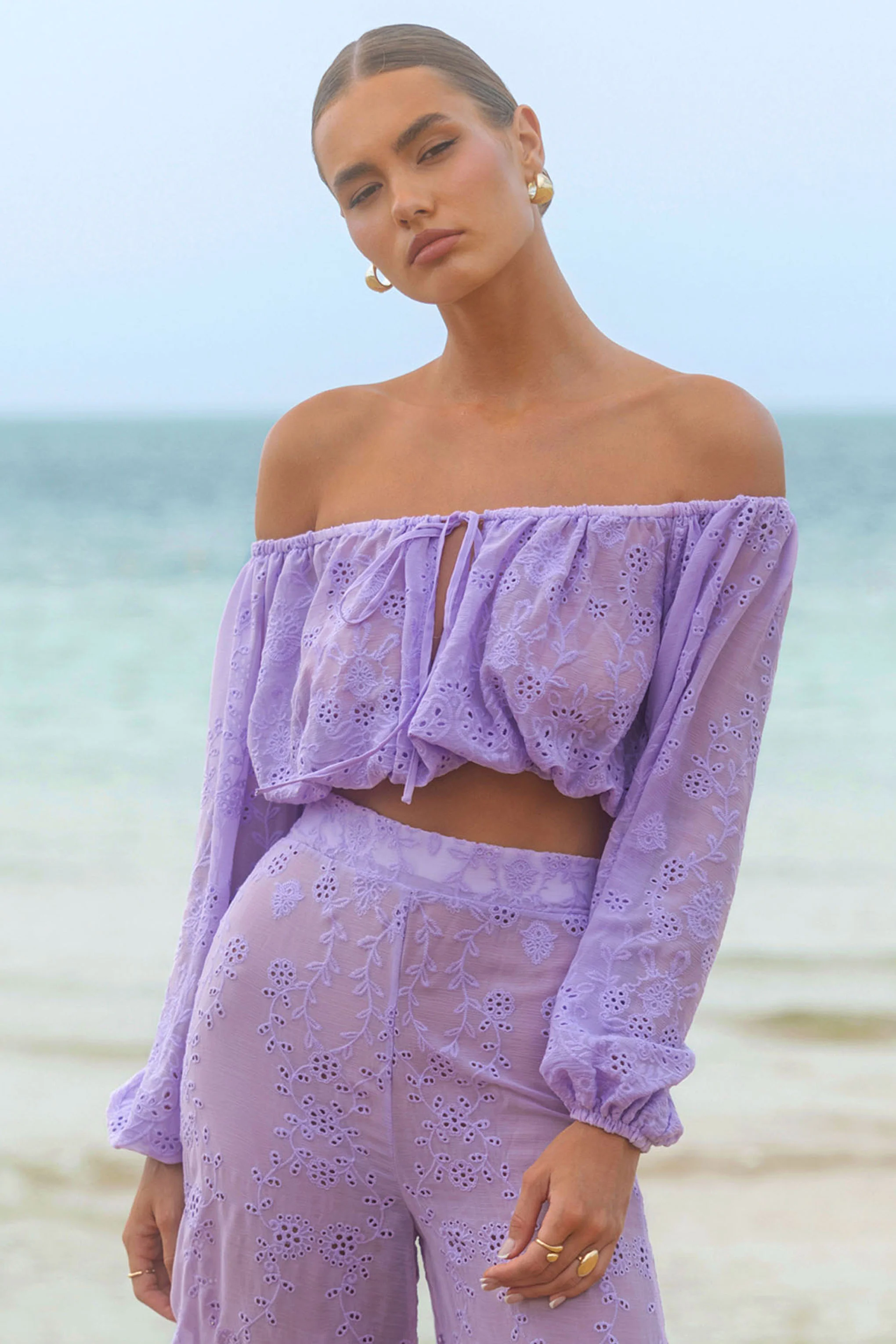 Fabienne | Lilac Broidery Bardot Puff-Sleeve Top - Image 5