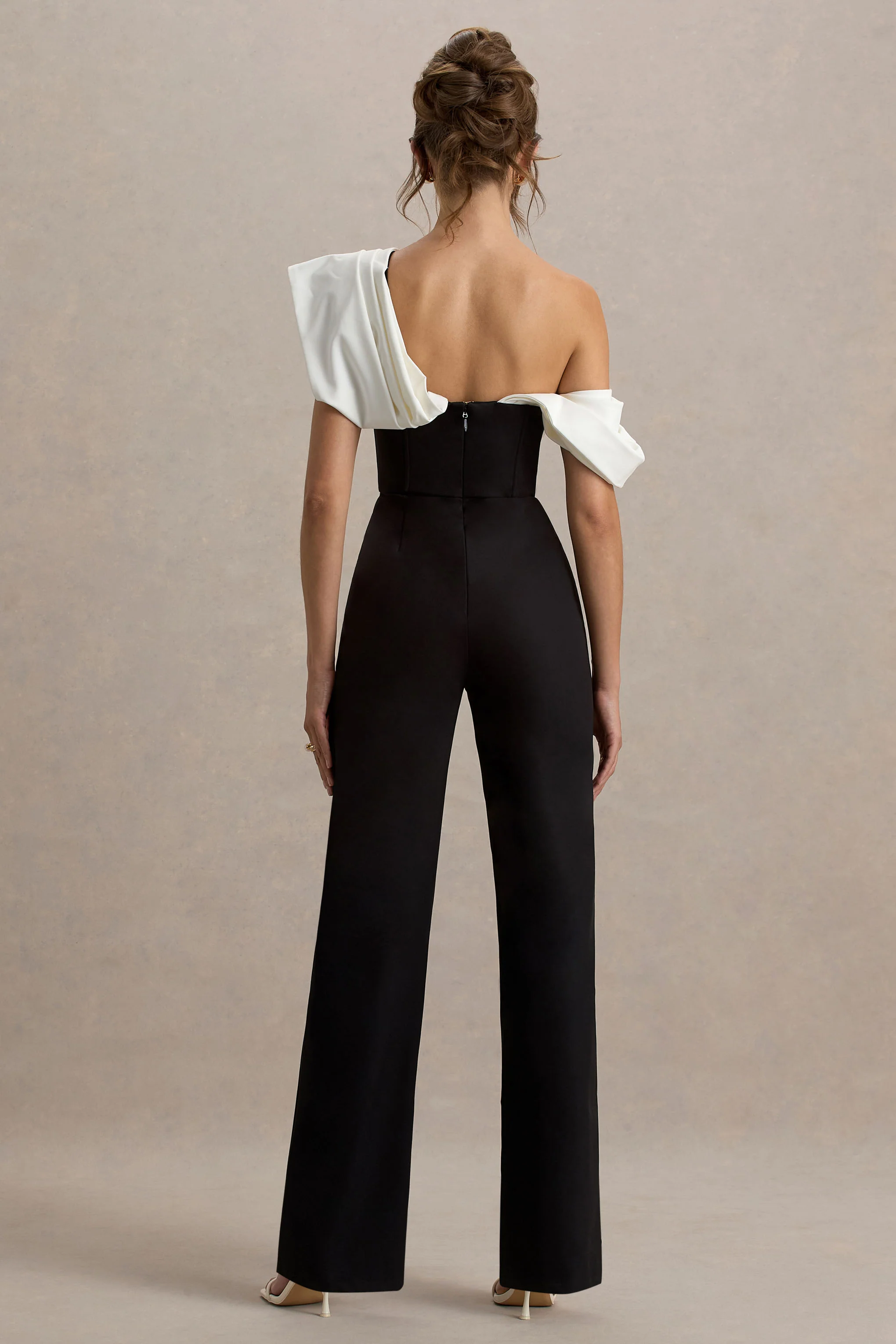Falling For You | Black & White Asymmetric Draped Jumpsuit - Image 2