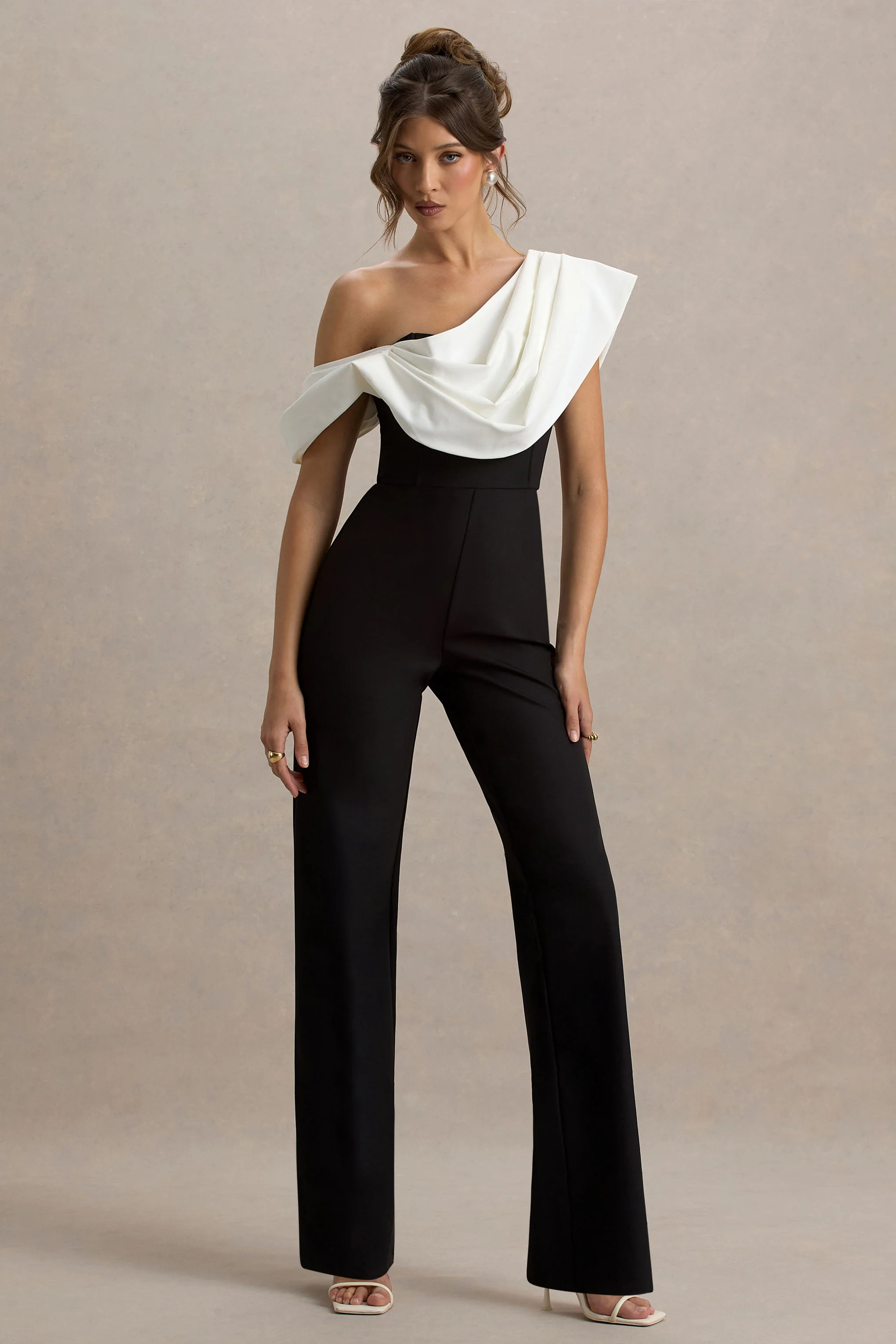 Falling For You | Black & White Asymmetric Draped Jumpsuit - Image 4