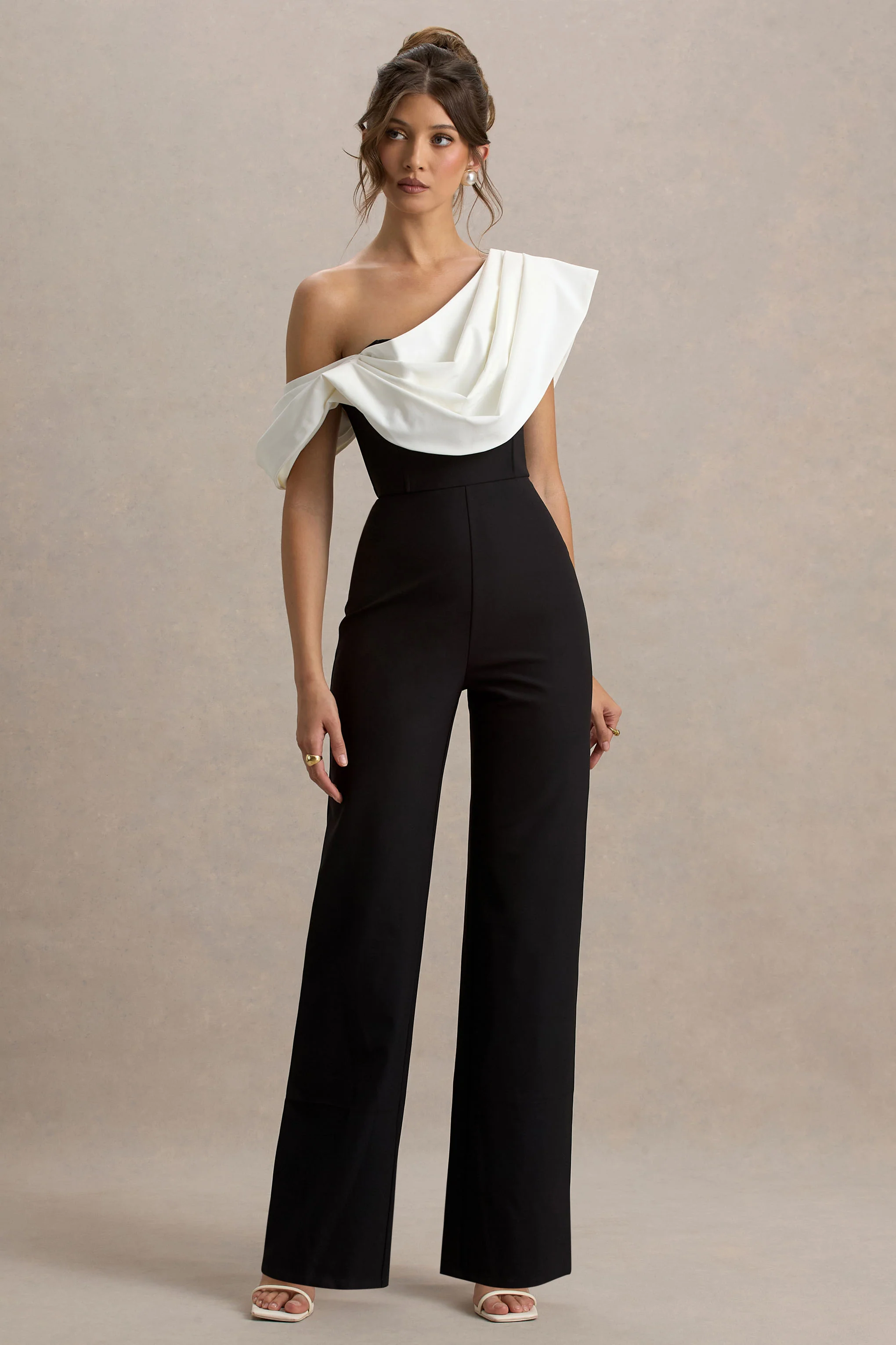 Falling For You | Black & White Asymmetric Draped Jumpsuit - Image 5