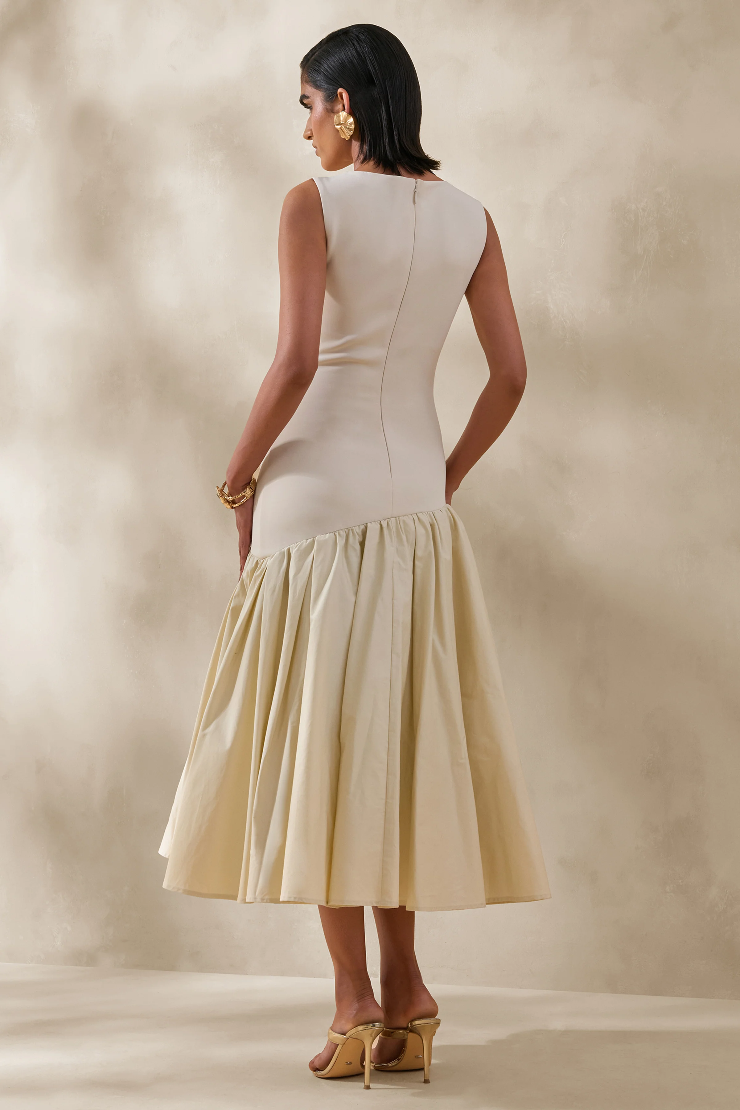 Fantasia | Cream Boat-Neck Midi Dress With Asymmetric Drop-Waist - Image 3