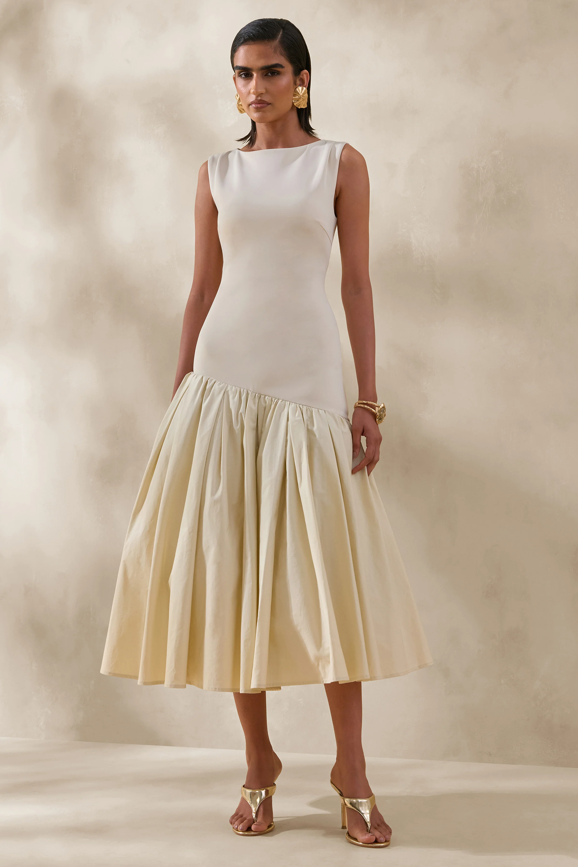 Fantasia | Cream Boat-Neck Midi Dress With Asymmetric Drop-Waist - Image 4