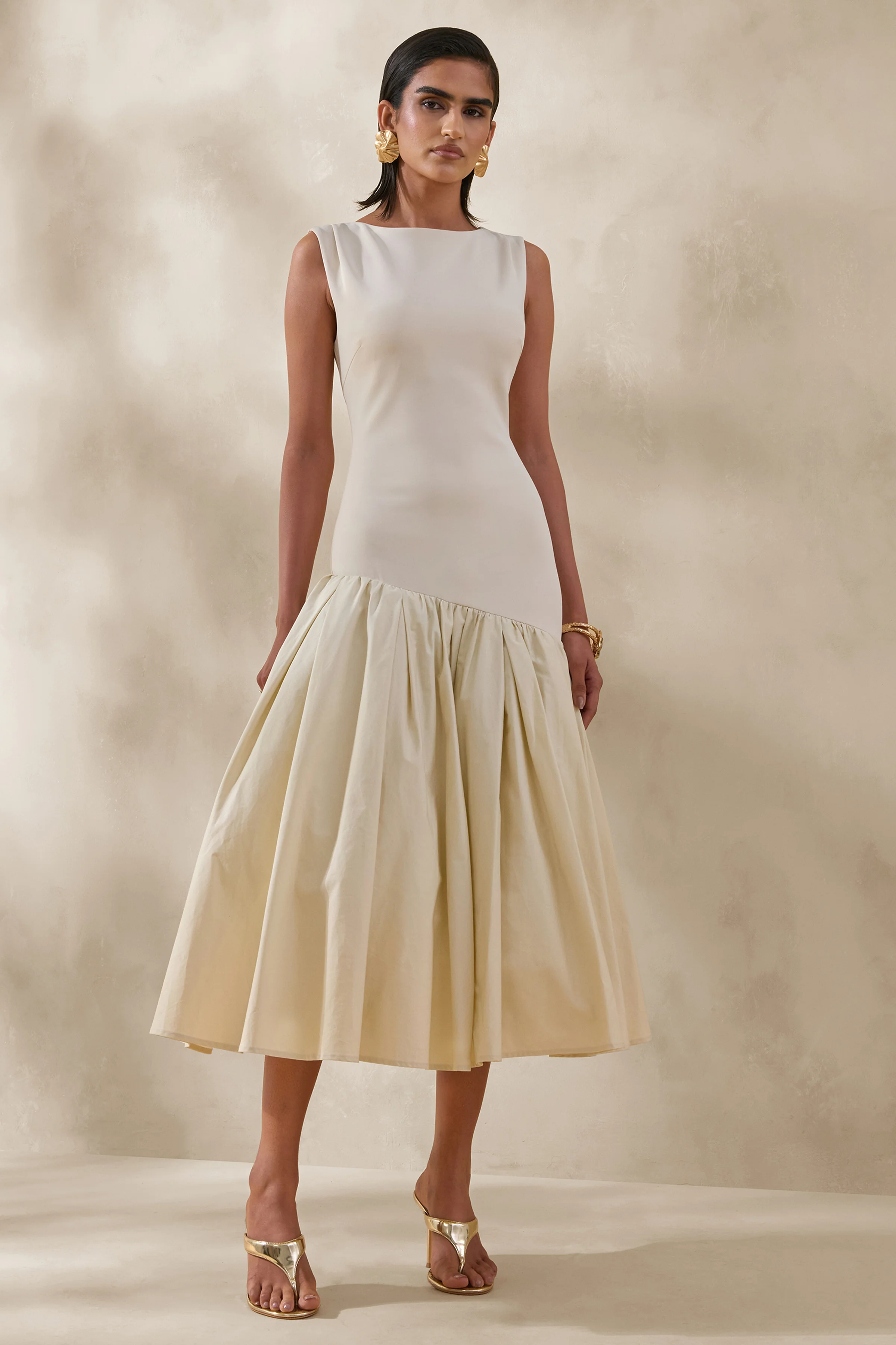 Fantasia | Cream Boat-Neck Midi Dress With Asymmetric Drop-Waist - Image 5