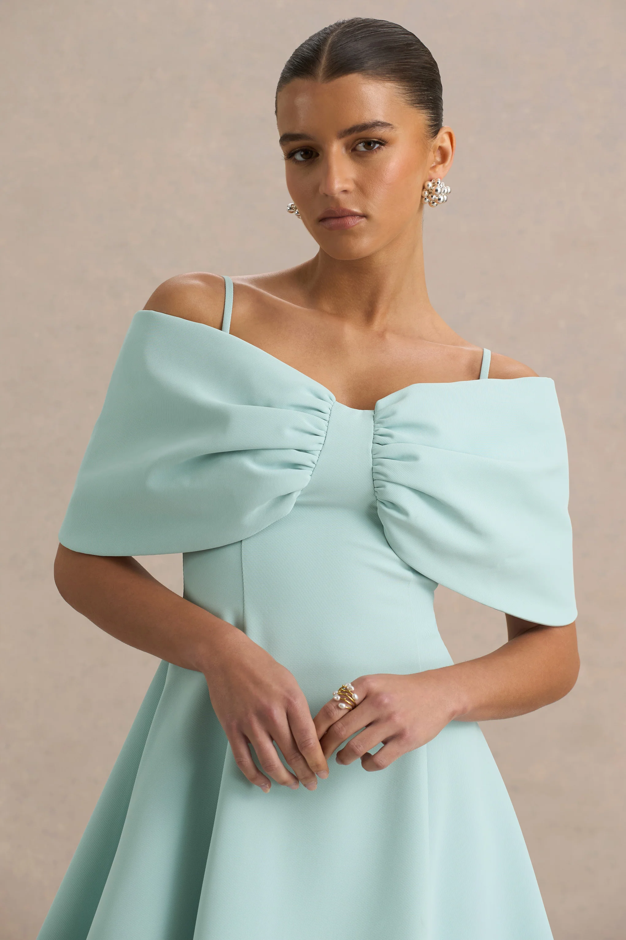 Faria | Light Blue Short-Sleeve Bardot Mini Dress With Bow Detail - Image 4