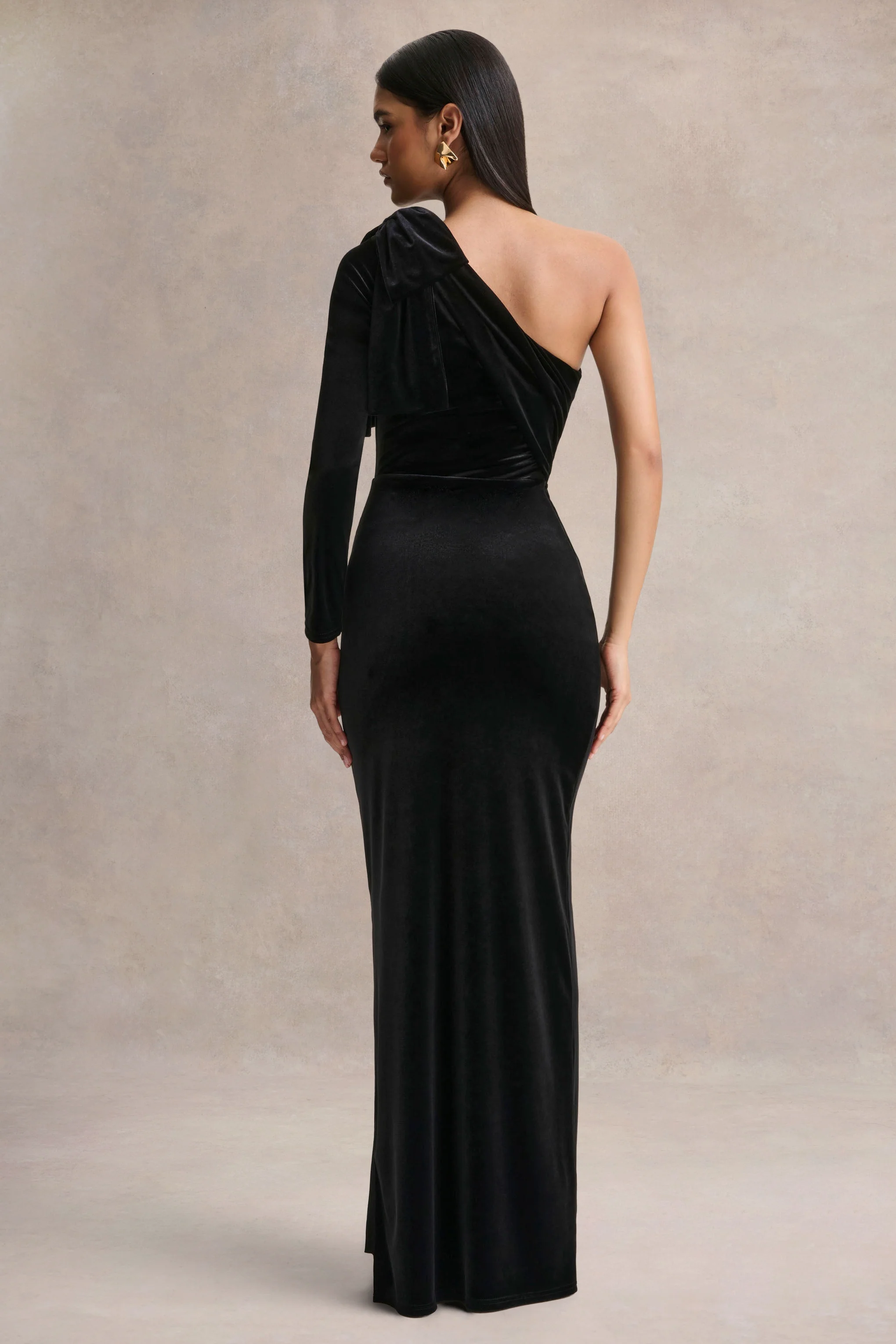 Farryn | Black Asymmetric-Neck Maxi Dress With Bow Detail - Image 2