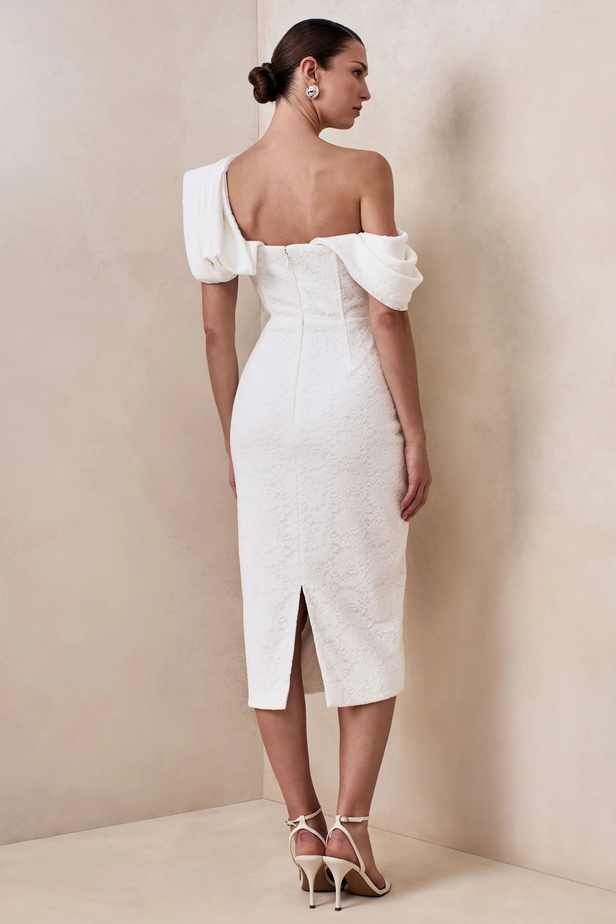 Farvera | White Lace Draped Asymmetric-Neck Midi Dress - Image 2