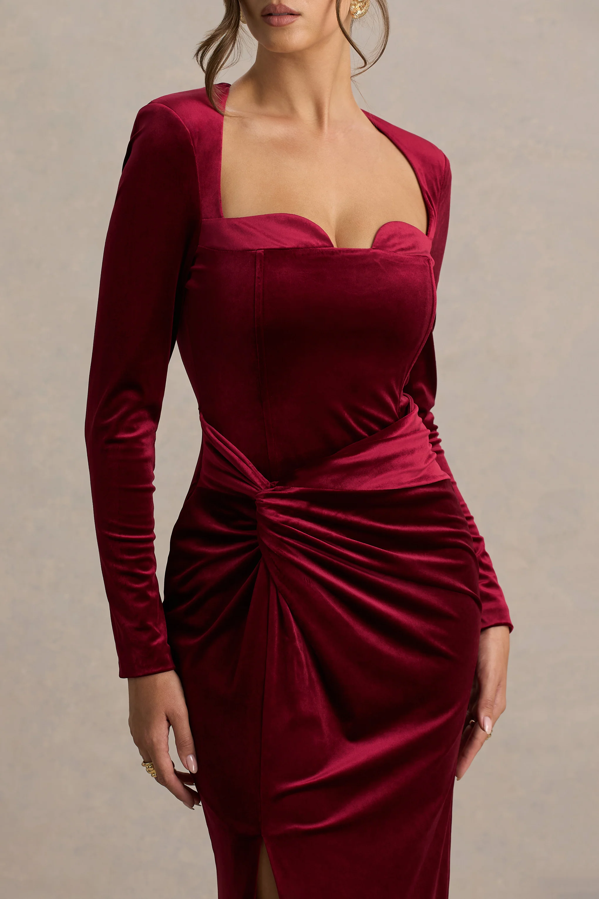 Fay | Berry Velvet Corset Style Knot Maxi Dress - Image 3