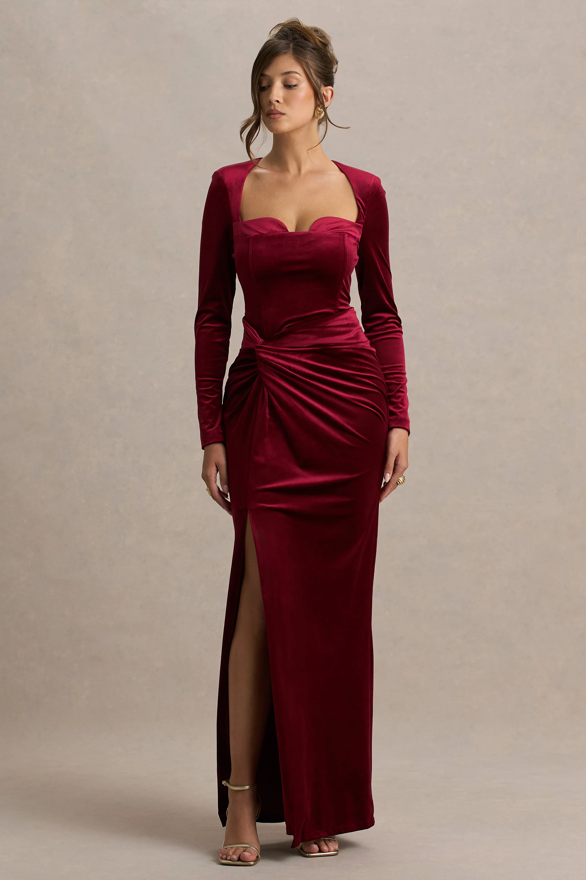 Fay | Berry Velvet Corset Style Knot Maxi Dress - Image 4
