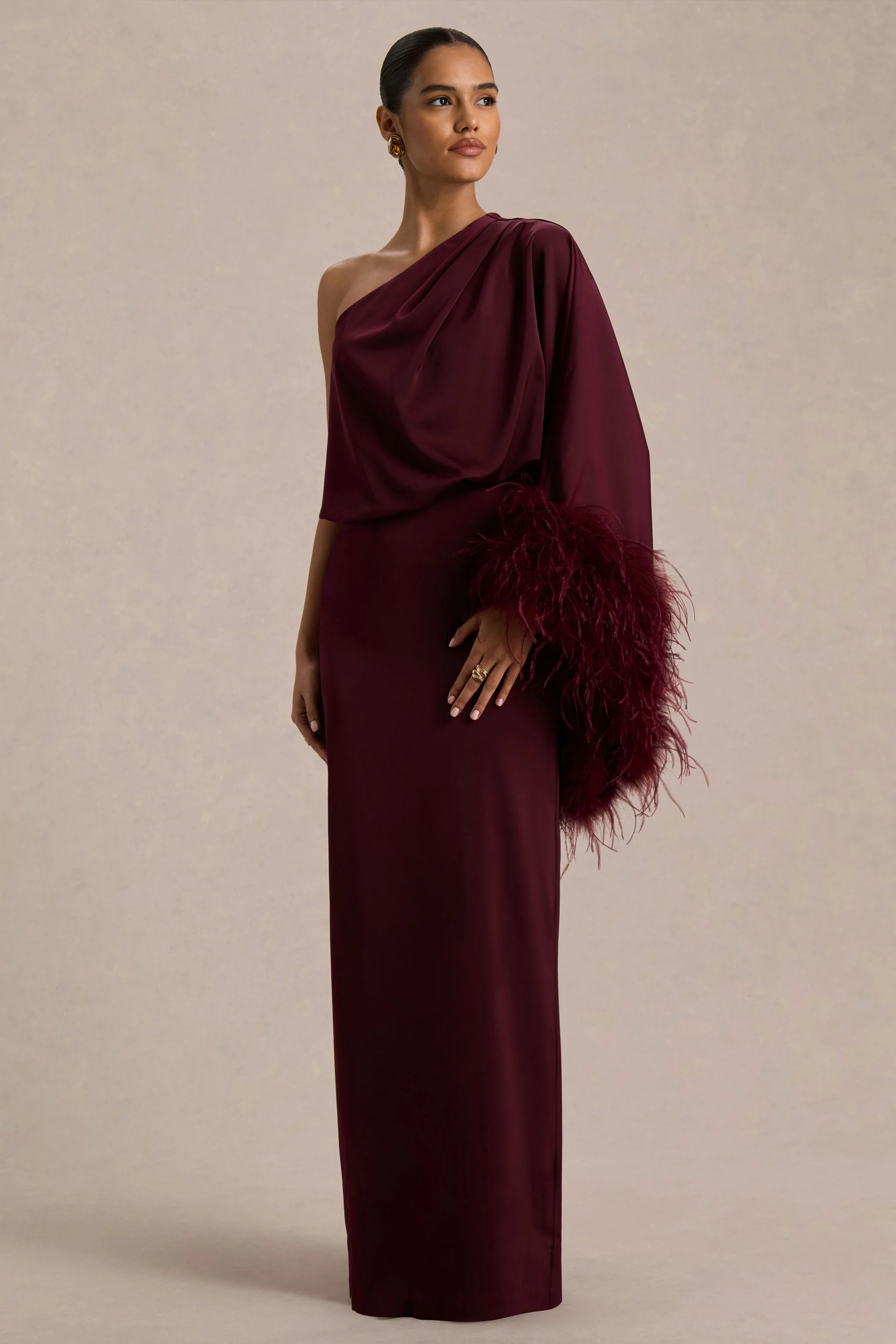 Felicity | Burgundy Satin Asymmetric-Neck Maxi Dress With Feather Detailing - Image 4