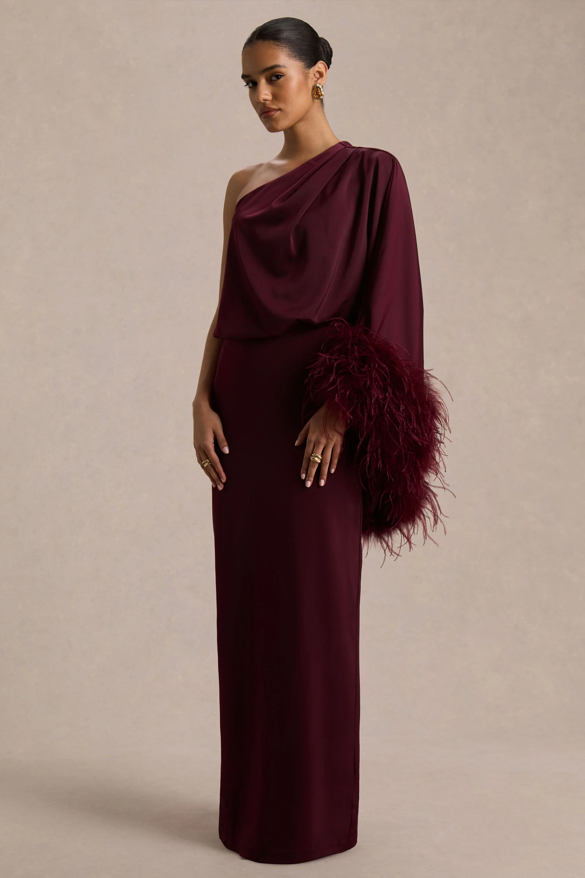 Felicity | Burgundy Satin Asymmetric-Neck Maxi Dress With Feather Detailing - Image 5