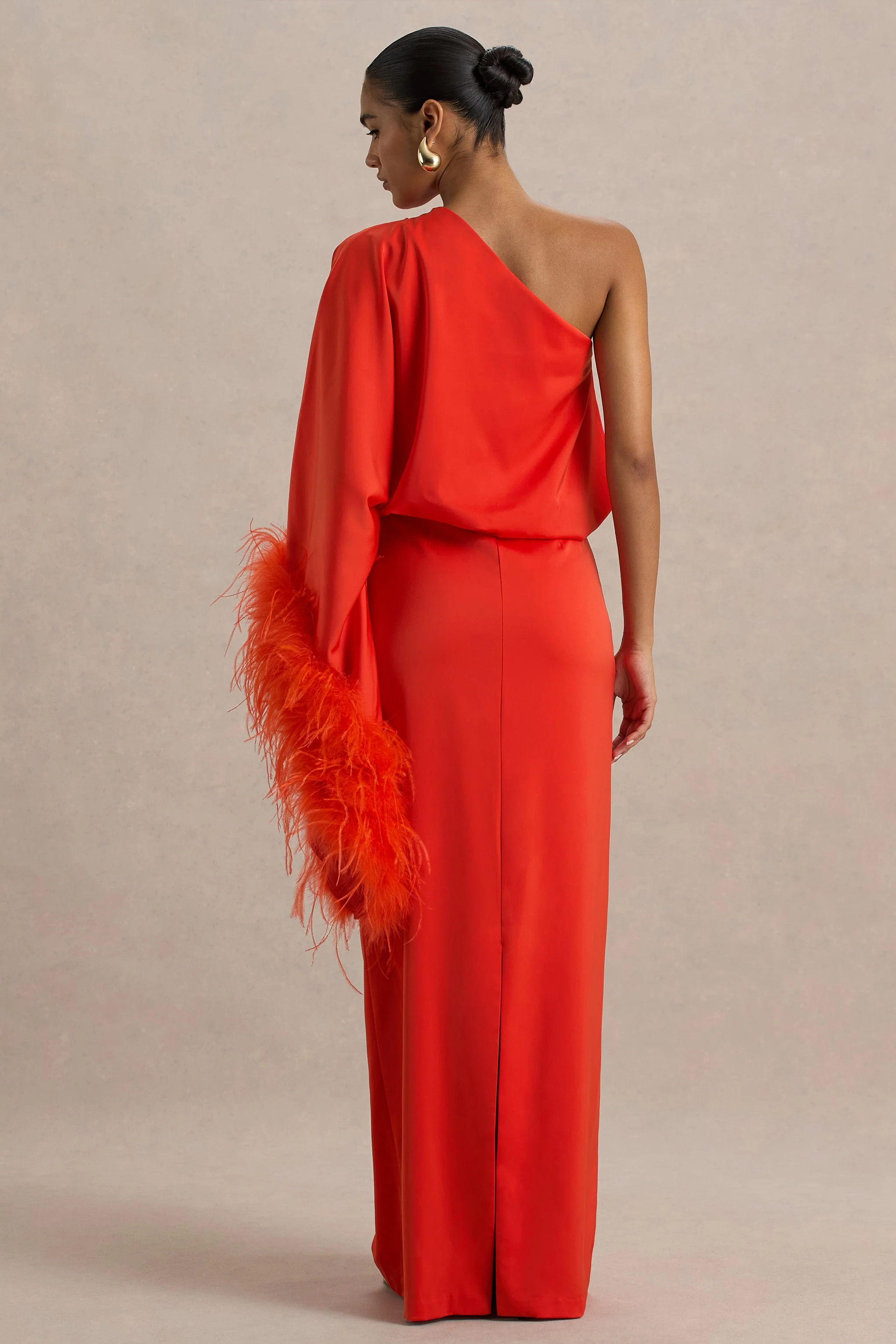 Felicity | Orange Satin Asymmetric-Neck Maxi Dress With Feather Detailing - Image 2