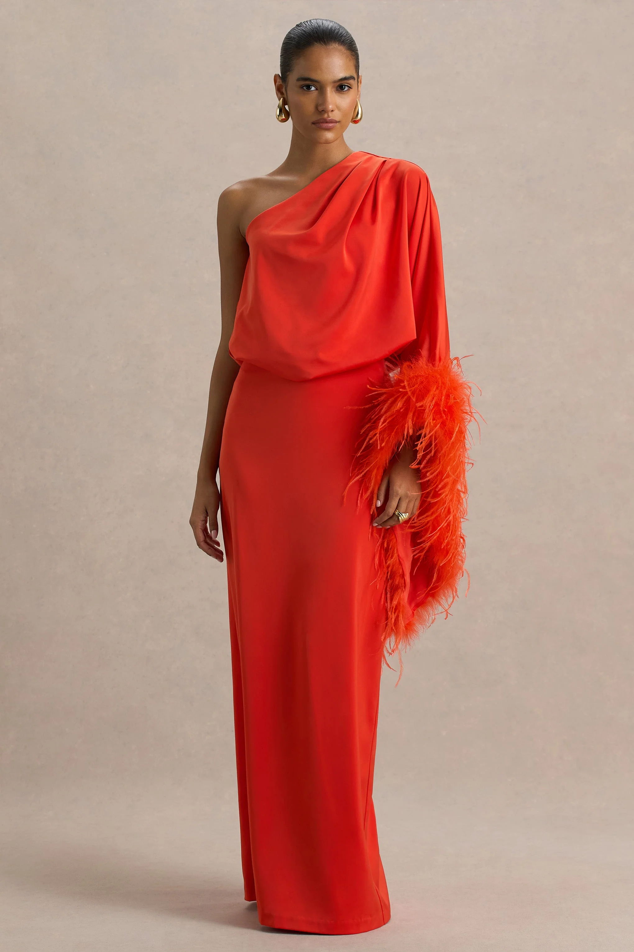 Felicity | Orange Satin Asymmetric-Neck Maxi Dress With Feather Detailing - Image 4