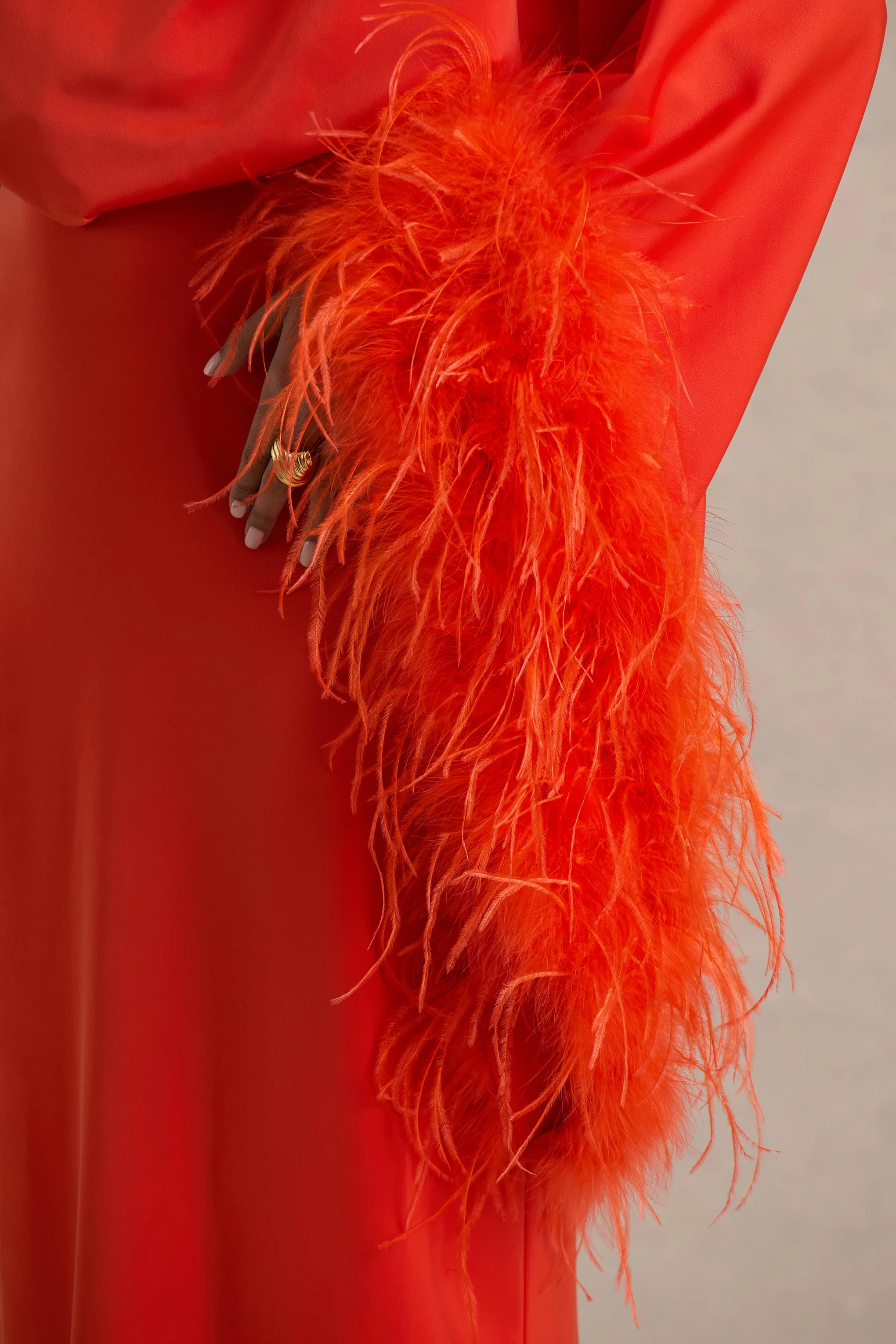 Felicity | Orange Satin Asymmetric-Neck Maxi Dress With Feather Detailing - Image 6