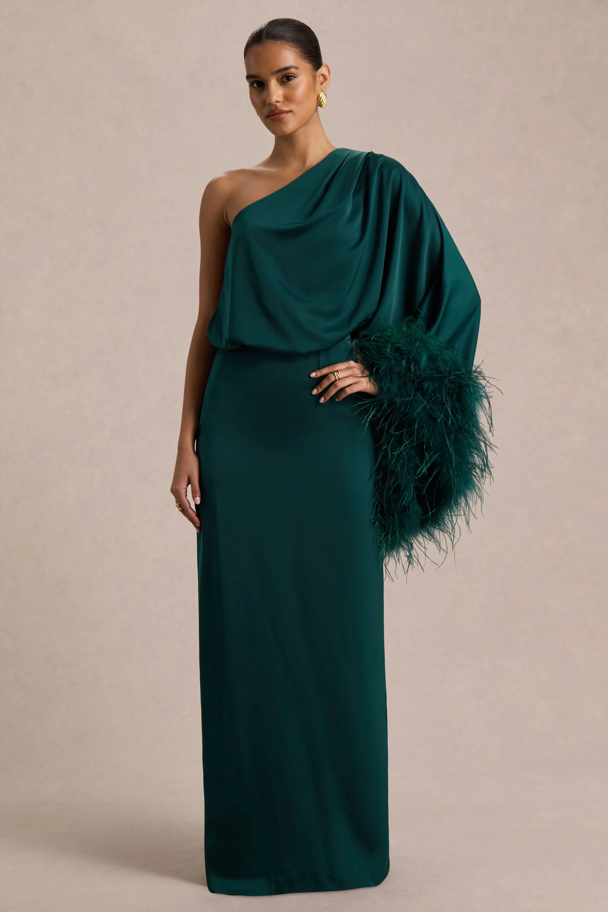 Felicity | Teal Satin Asymmetric-Neck Maxi Dress With Feather Detailing - Image 4
