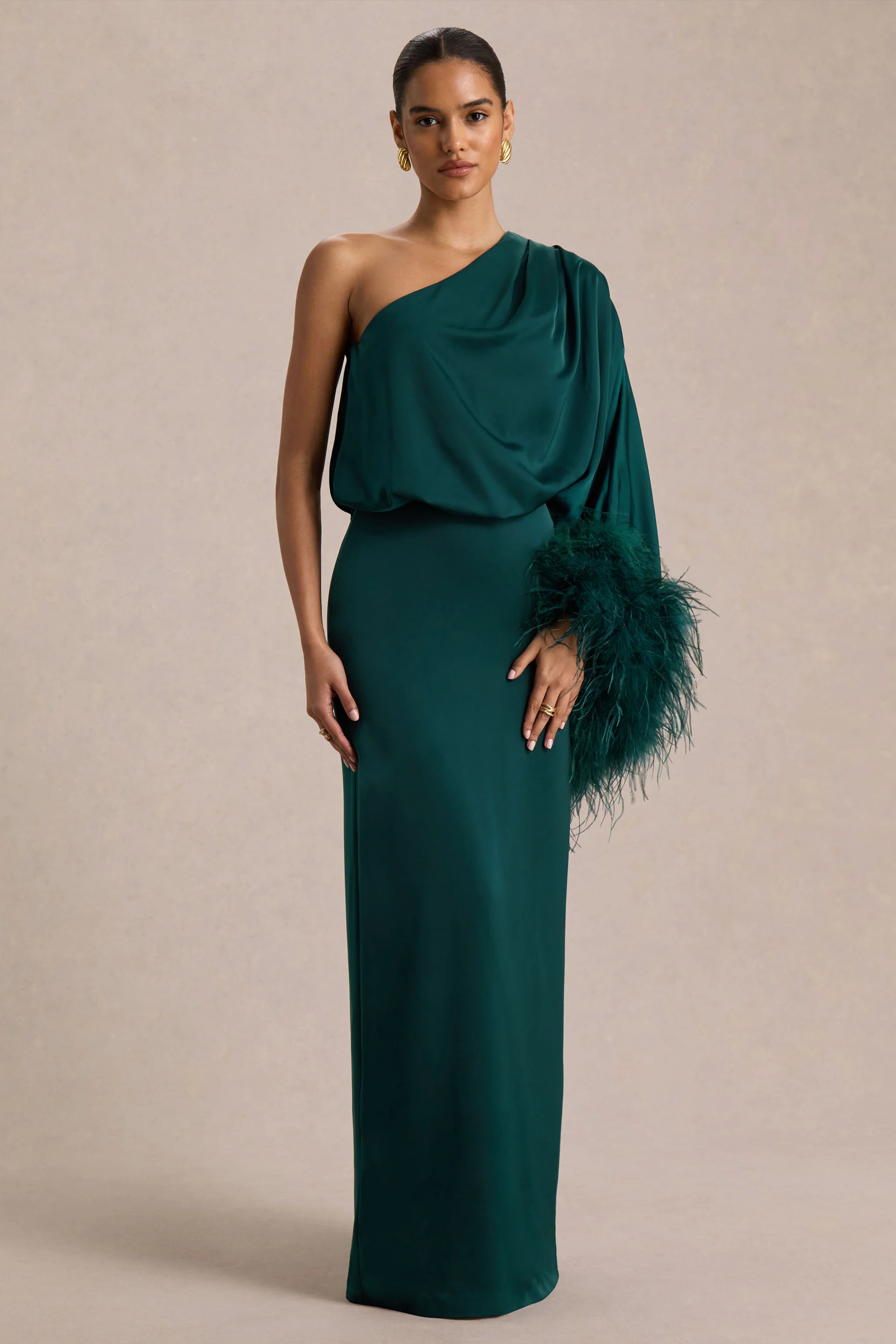 Felicity | Teal Satin Asymmetric-Neck Maxi Dress With Feather Detailing - Image 5