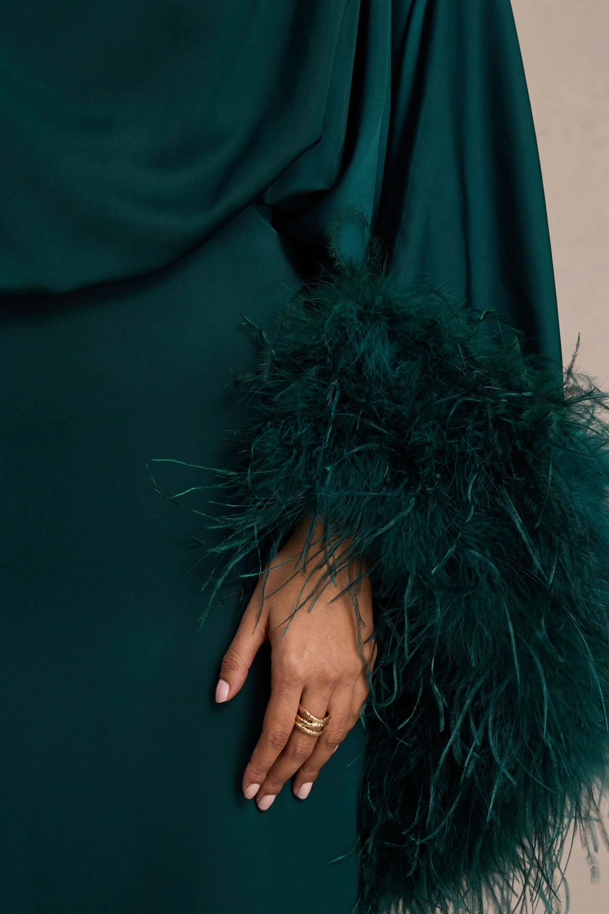 Felicity | Teal Satin Asymmetric-Neck Maxi Dress With Feather Detailing - Image 6