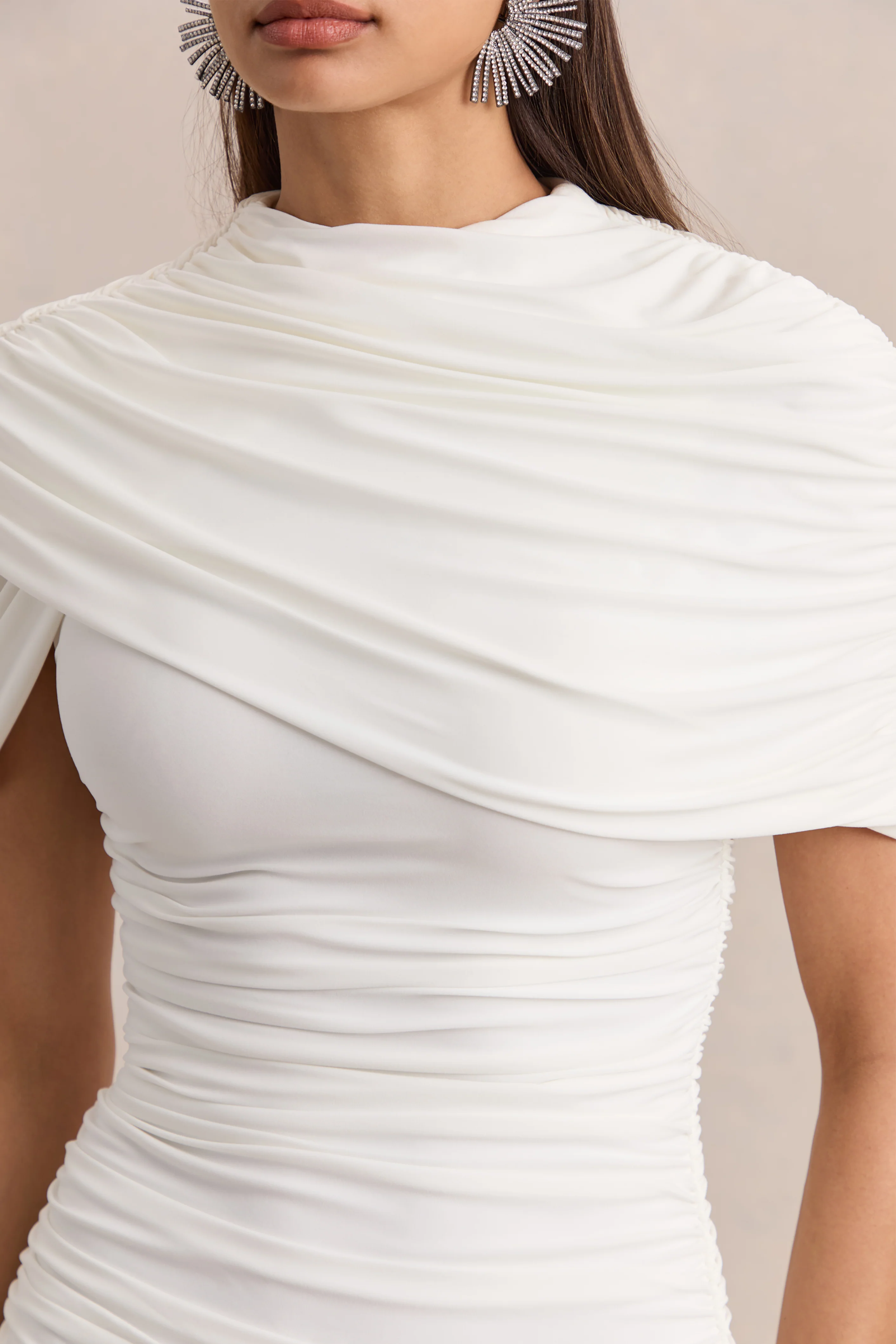 Fenella | White High-Neck Mini Dress With Cape-Sleeves And Ruched Detailing - Image 5