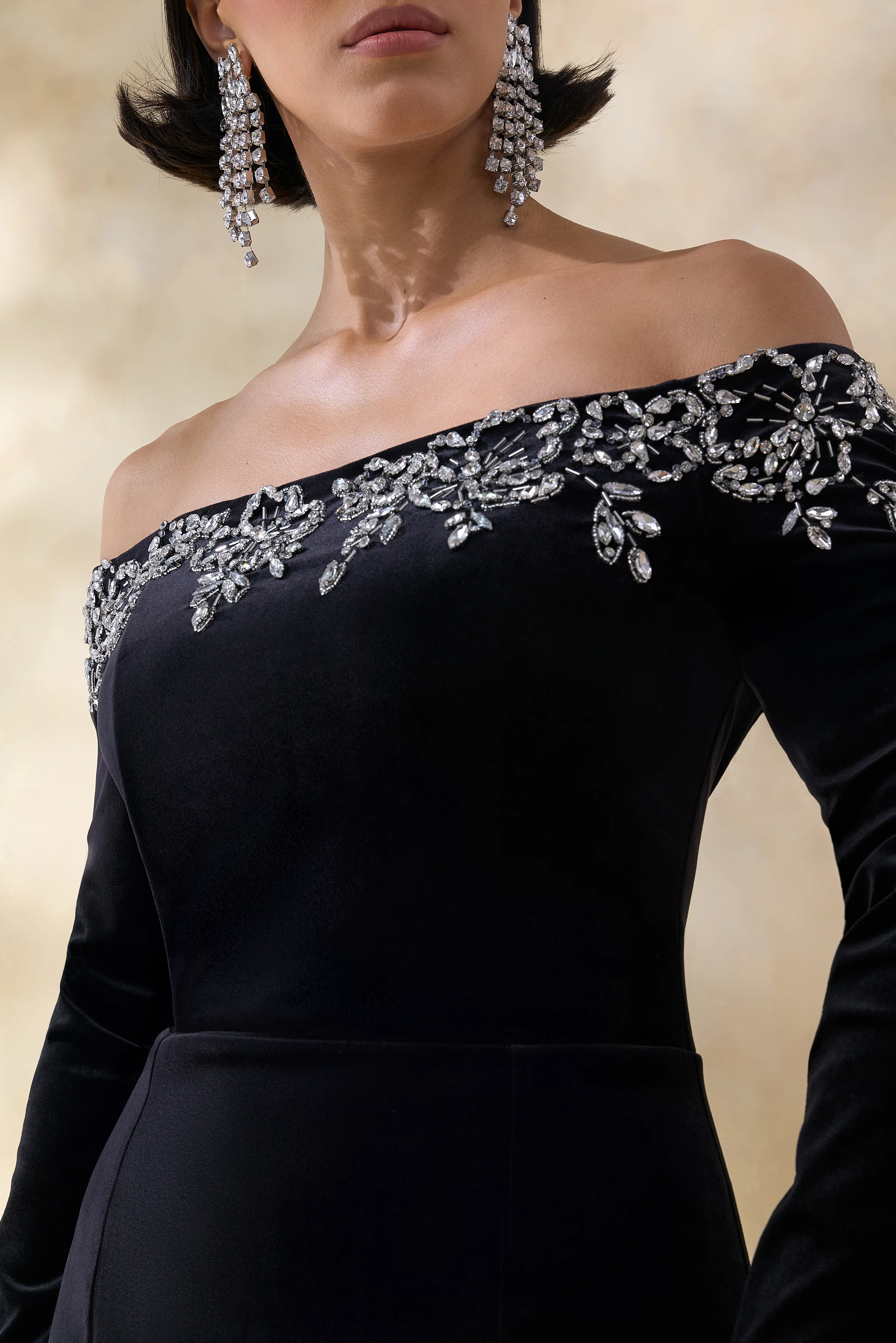 Fern | Black Velvet Embellished Bardot-Neck Maxi Dress - Image 3